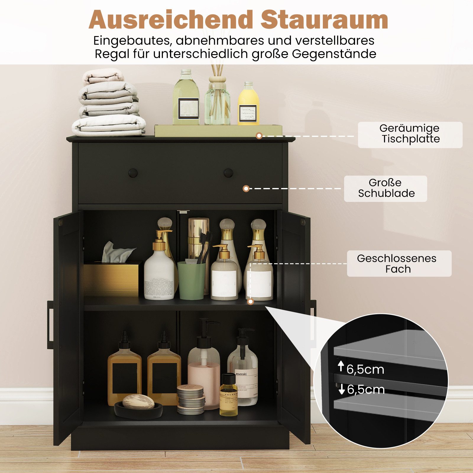 COSTWAY Badkommode, Badezimmerschrank mit Schublade, verstellbarem Regal
