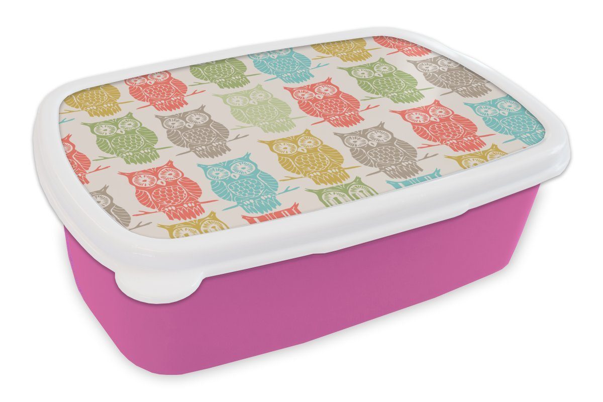 MuchoWow Lunchbox Muster - Eule - Vögel, Kunststoff, (2-tlg), Brotbox für Erwachsene, Brotdose Kinder, Snackbox, Mädchen, Kunststoff rosa