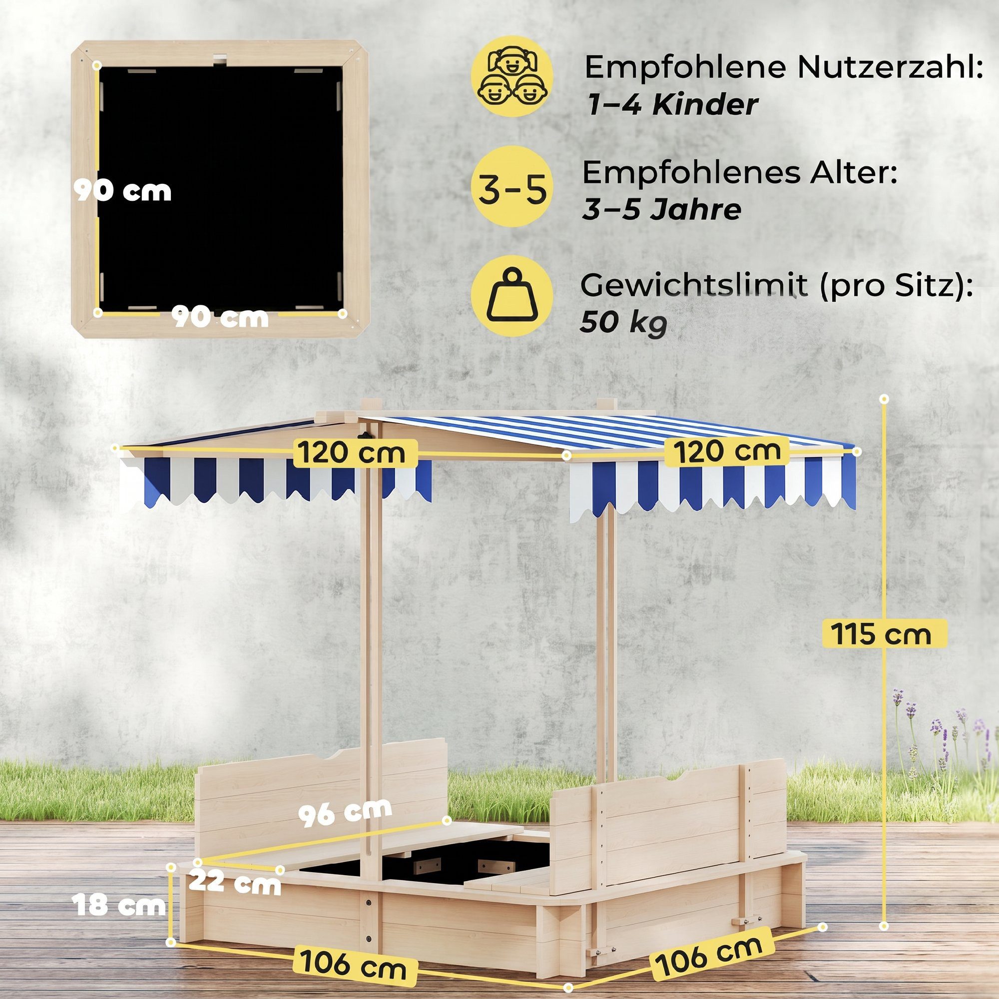 Outsunny Sandkasten Kinder Sandbox 106x106 cm mit höhenverstellbar Abdeckung aus Holz, (Sandkiste, 1-tlg., Sandkasten), für Garten, Balkon, Natur