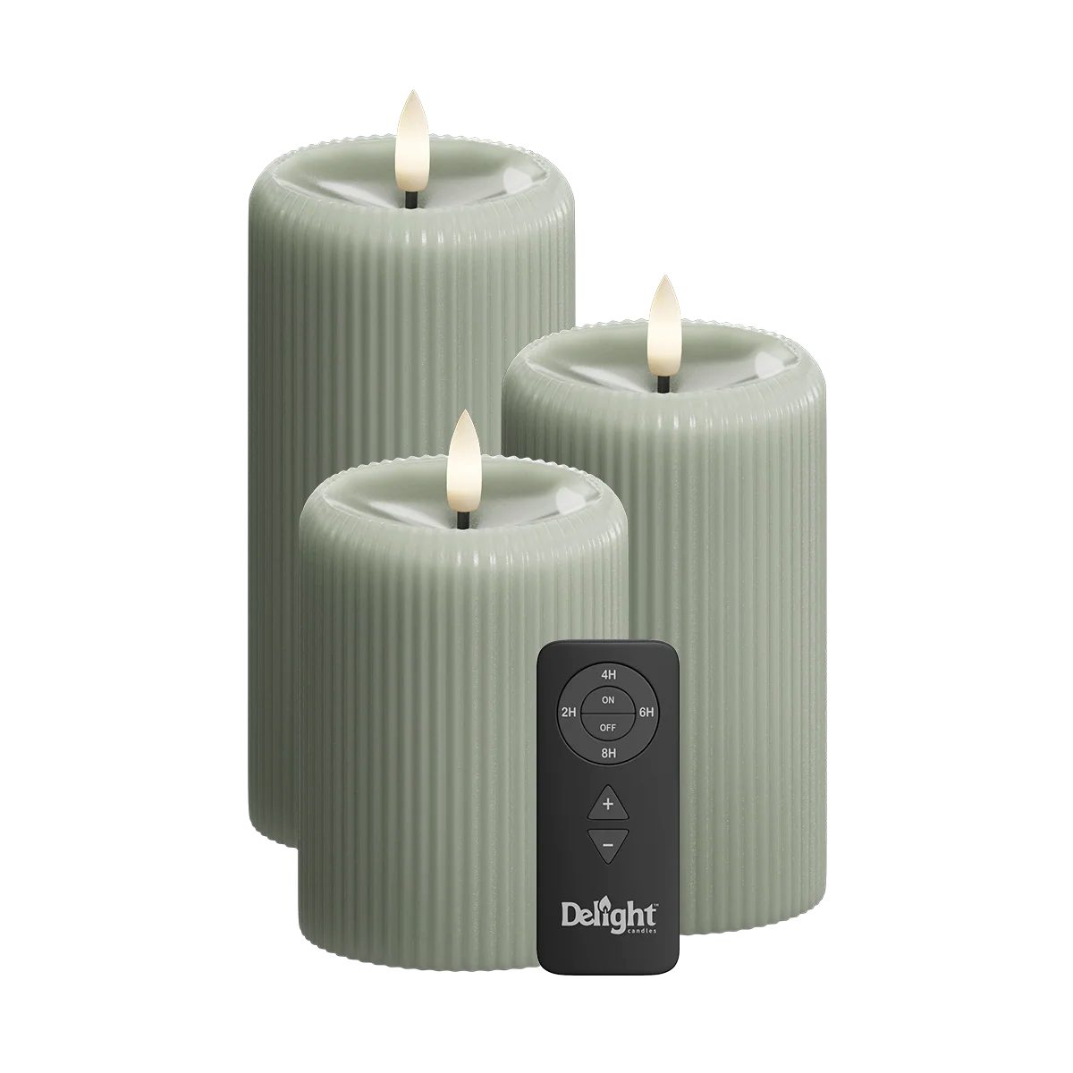 Deluxe Homeart LED-Kerze LED Stumpenkerzen „Sage Green Stripe“ 3er Set – Delight Candles von De