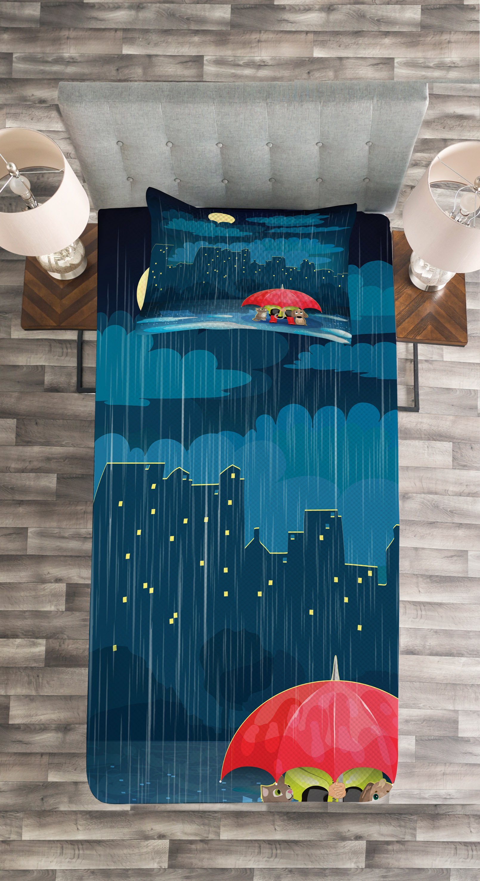 Tagesdecke Set mit Kissenbezügen Waschbar, Regen unter Abakuhaus, Kindergarten Cartoon-Tier
