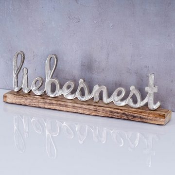 Levandeo® Deko-Schriftzug, Schriftzug Liebesnest L40cm Metall Silber Mango Holz Tischdeko Deko