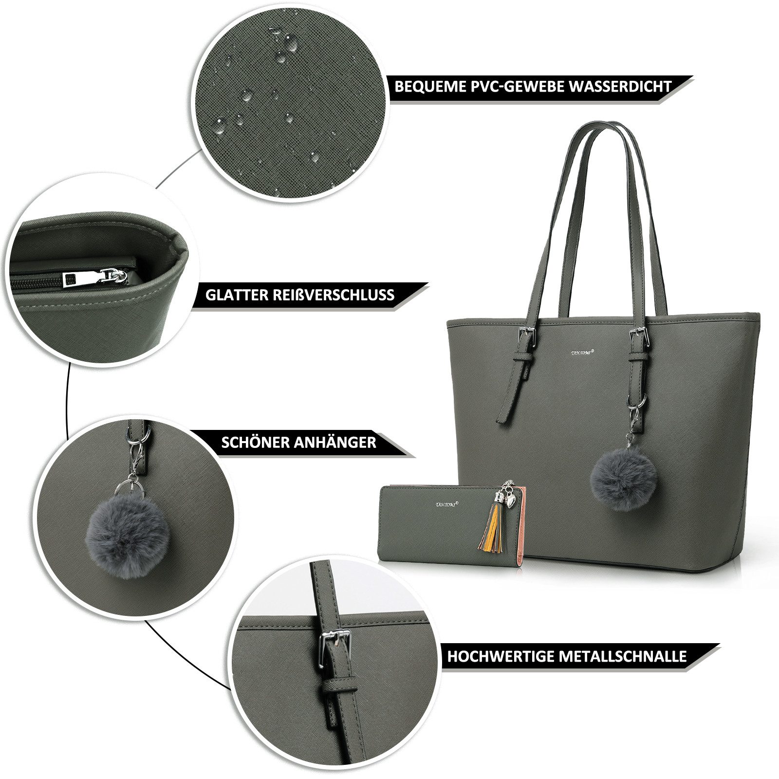 TAN.TOMI Shopper Handtasche Damen mit Geldbörse und Schlüsselanhänger, Groß Damen Handtasche, ​Geschenke für Frauen in schlichter Optik