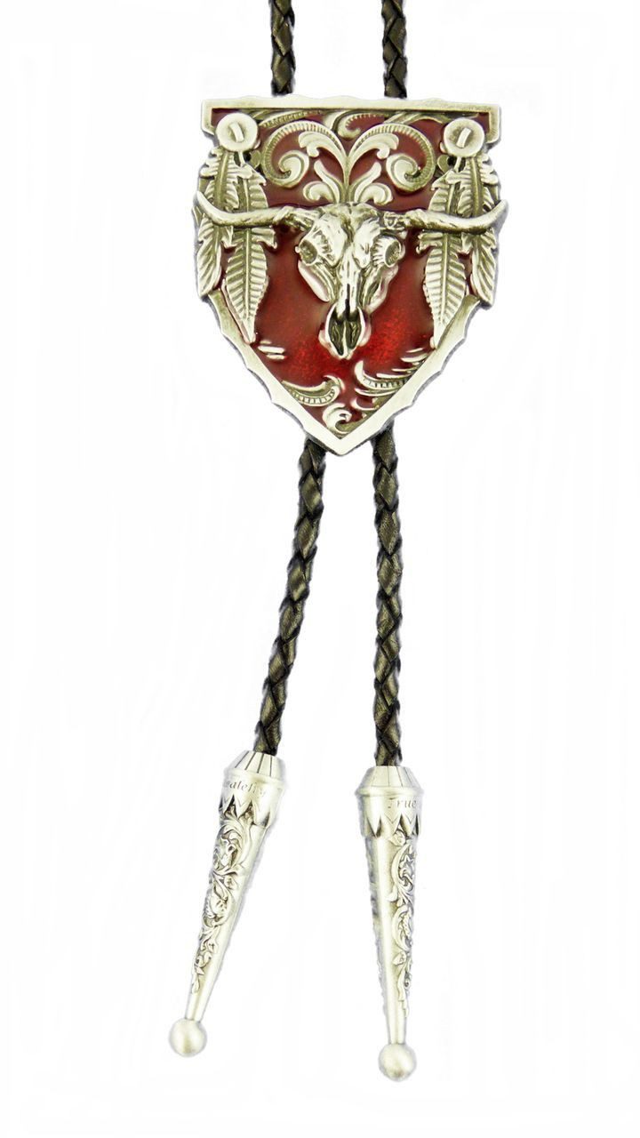 Krawatte Pfeilspitze mit Longhorn Skull rot Federn Bolo Tie Westernkrawatte