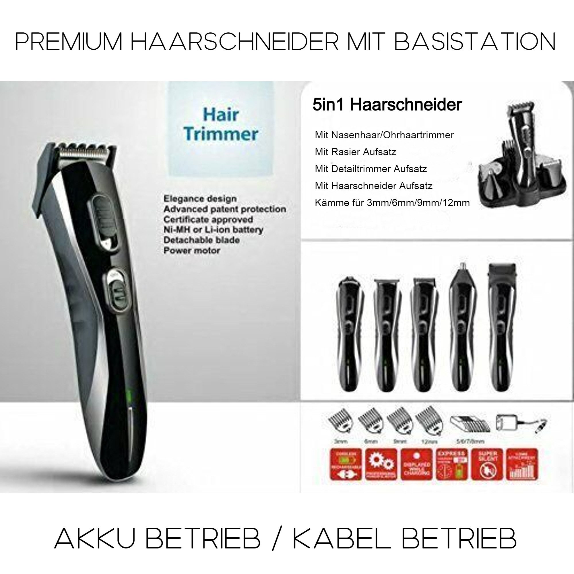 TronicXL Haarschneider Profi Haarschneidemaschine Haarschneider Set Akku Trimmer Friseur, Body Haar Bart mit Basisstation Basis Station Dockingstation