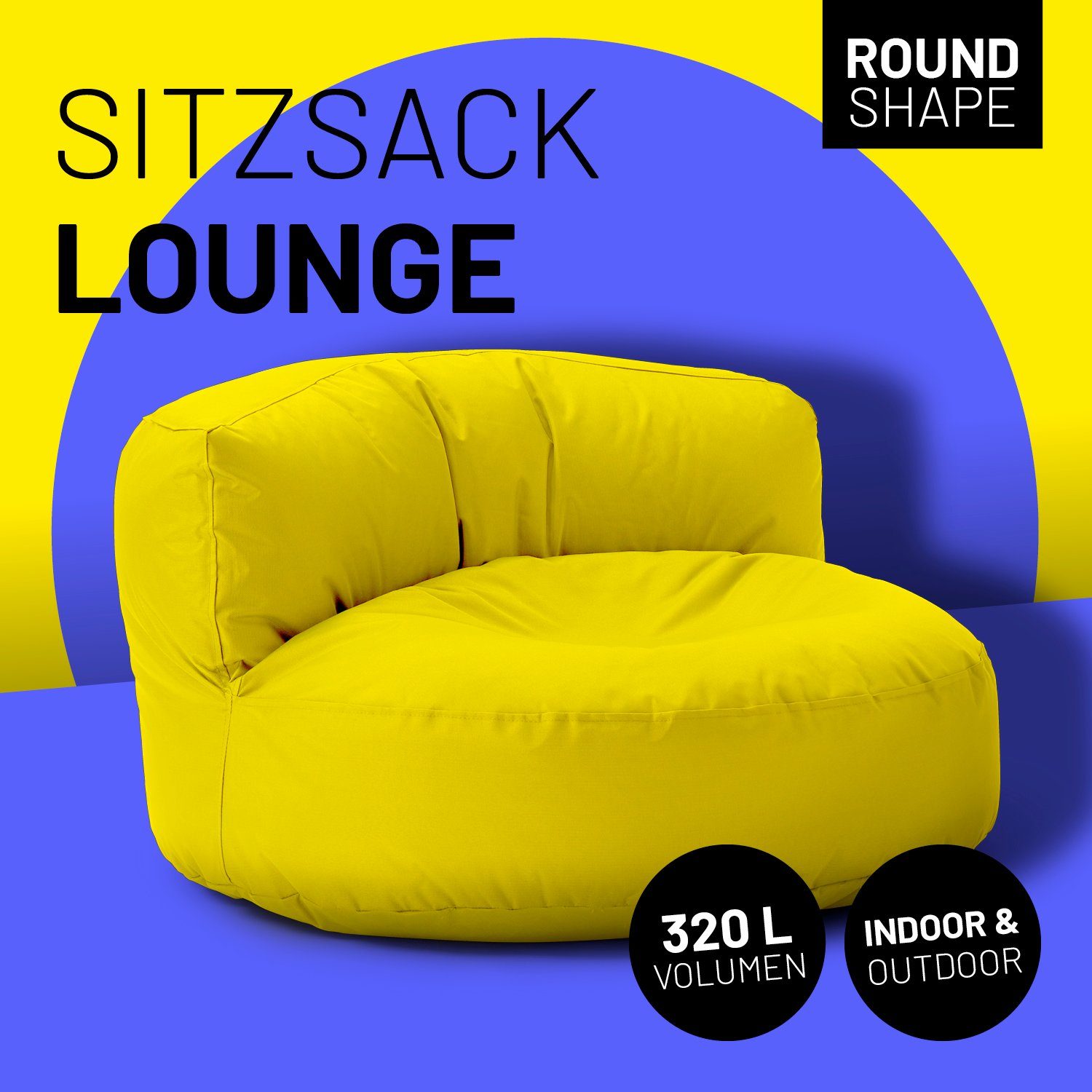 Rückenlehne Round Sitzkissen Sofa In-& Outdoor Lumaland 90x90x50cm Bean inkl. Couch Lounge, gelb Bag Sitzsack