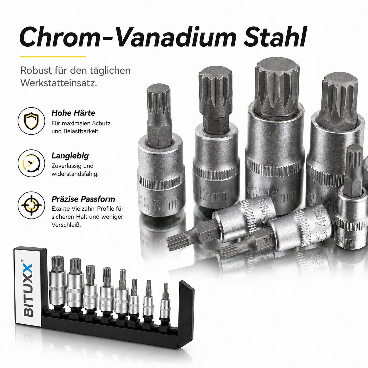 Bituxx Bit- und Steckschlüsselset Set 8 tlg. Vielzahn Nuss, Set, 8-St., MS-13387, mit Kuststoffhalter – Bild 4 von 5