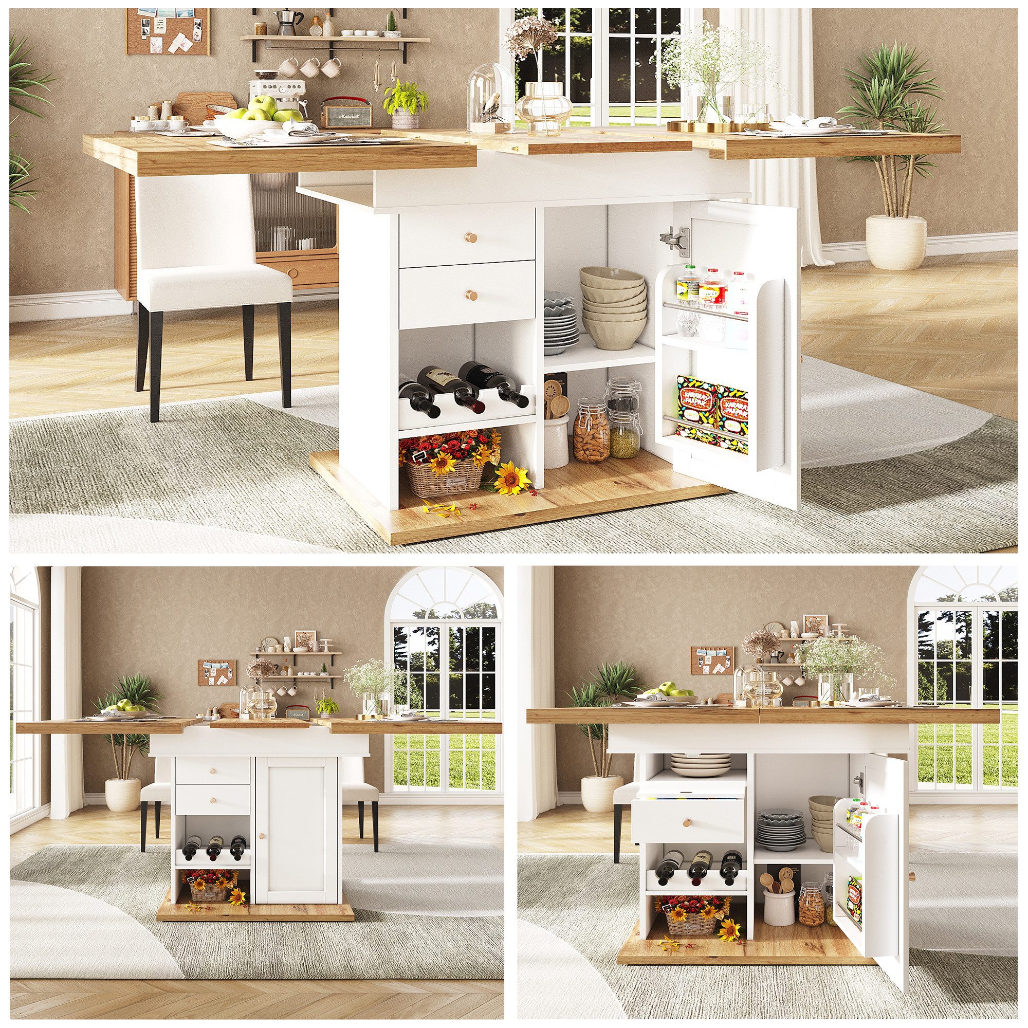 HAUSS SPOLE Esstisch Teleskoptisch 110-140×80cm mit Snackregal und Weinregal für Küche weiß (mit Snack- und Weinregalen – Ausziehbarer, platzsparender Esstisch für 4-6 Personen mit intelligentem Aufbewahrungssystem)