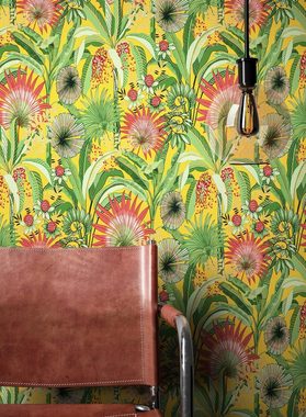 Newroom Vliestapete, Gelb Tapete Modern Dschungel - Mustertapete Blumentapete Grün Rot Tropisch Floral Palmen Blätter für Wohnzimmer Schlafzimmer Küche