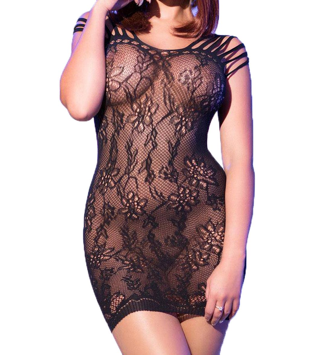 Negligé Damen Dessous Mini-Kleid in schwarz Gogo-Kleid transparent aus Netz-Ma