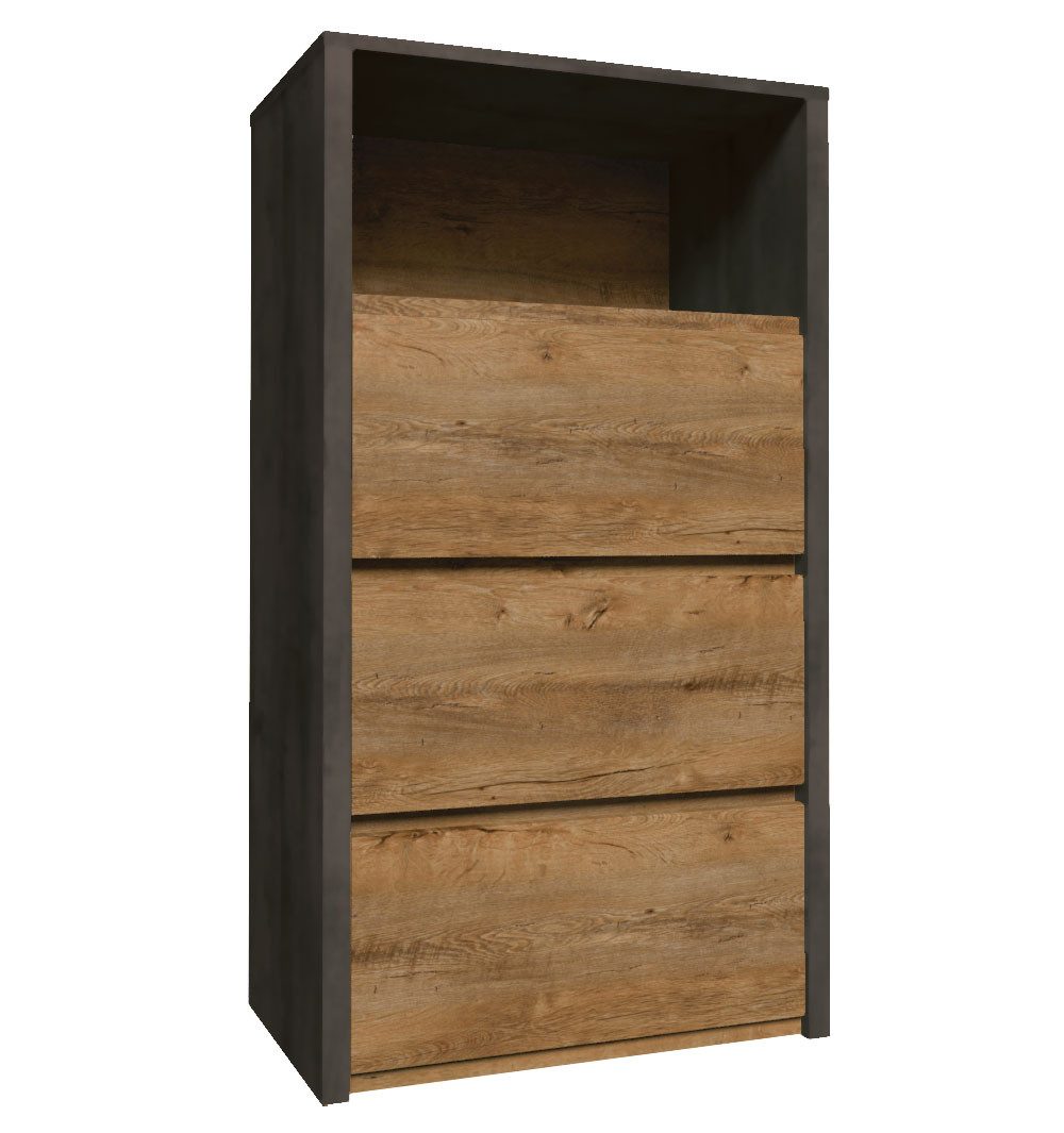 Feldmann-Wohnen Schubkastenkommode Montana (1 offenes Ablagefach, 3 Vollauszugschubladen, 1 St., moderne Holzoptik, Griffmulden), 130x43x103cm Eiche Lefkas / Grau