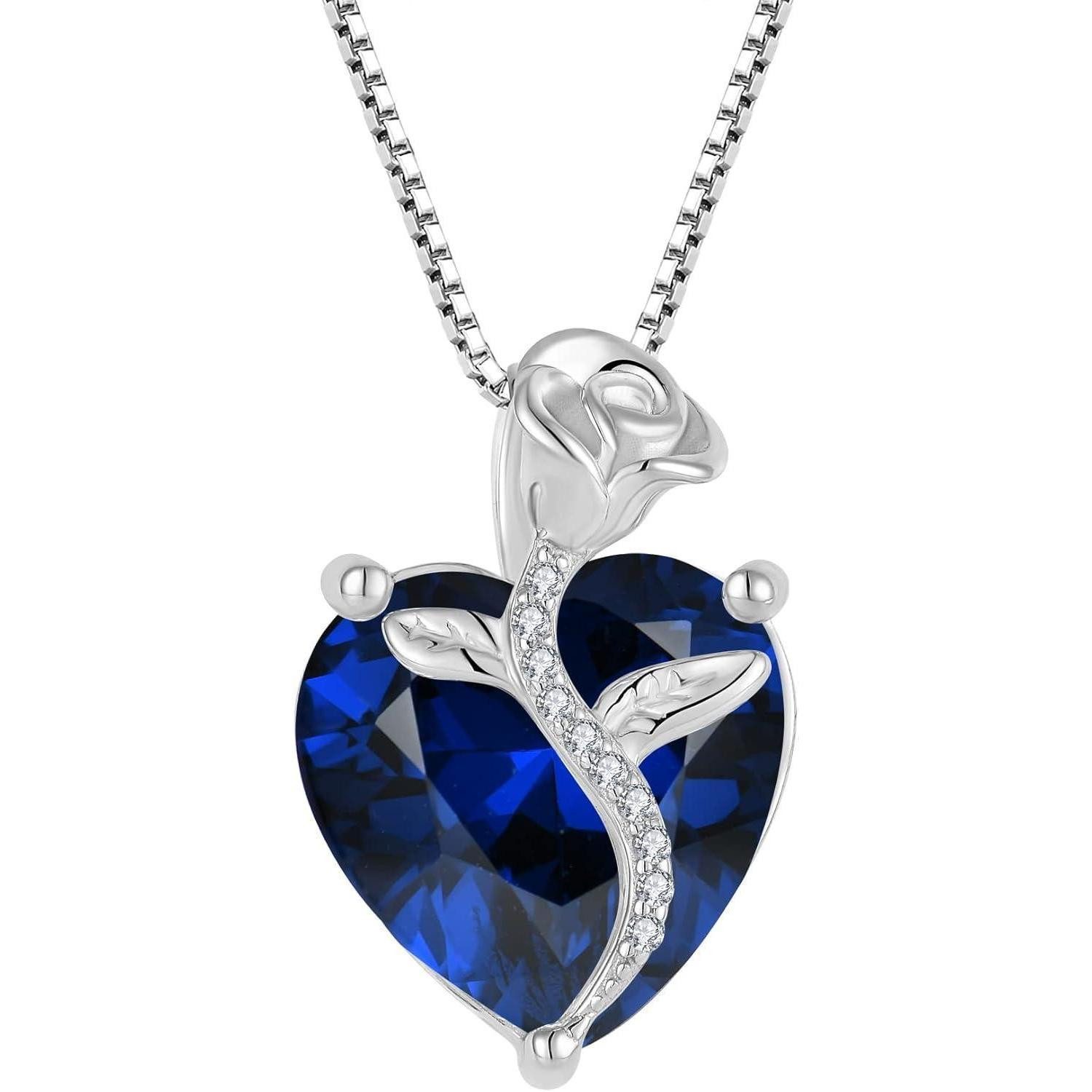LuxusKollektion Herzkette Herz Kette Damen 925 Sterling Silber Geburtsstein Anhänger Saphir