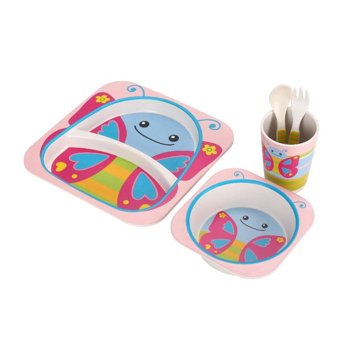 Cheffinger Kindergeschirr-Set 5-tlg aus Bambus in Schmetterlingsdesign - robust & bunt (5-tlg), Bambus – Bild 2 von 5