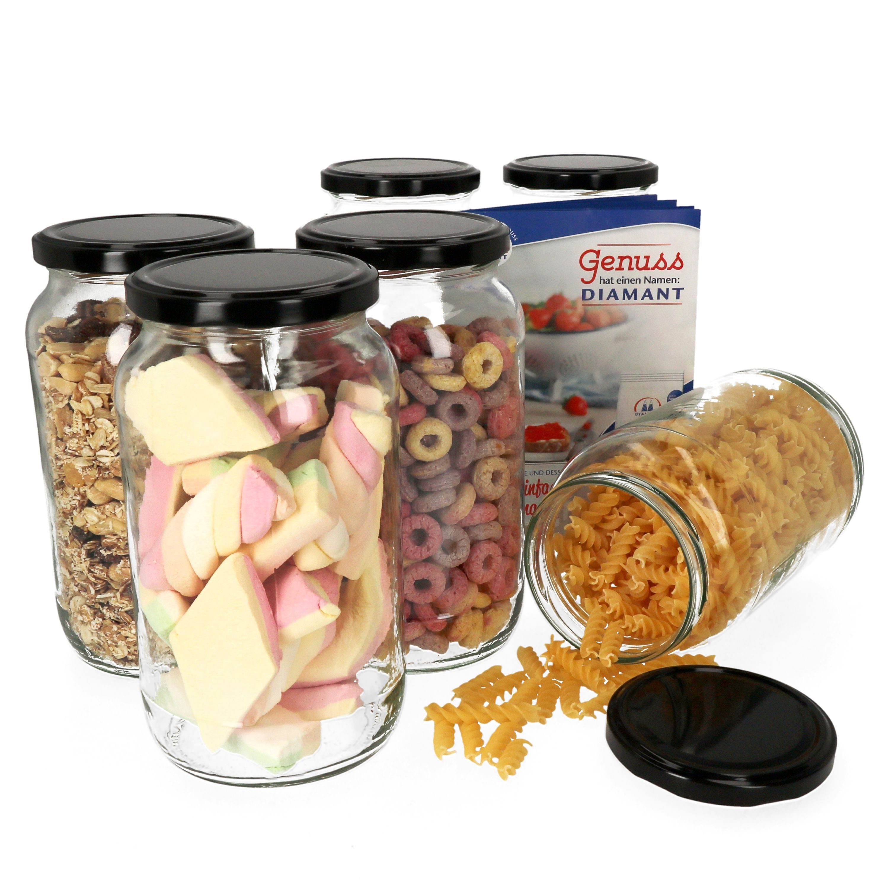 MamboCat Einmachglas 6er Set Rundglas 1062 ml To 82 schwarzer Deckel incl. Rezeptheft, Glas