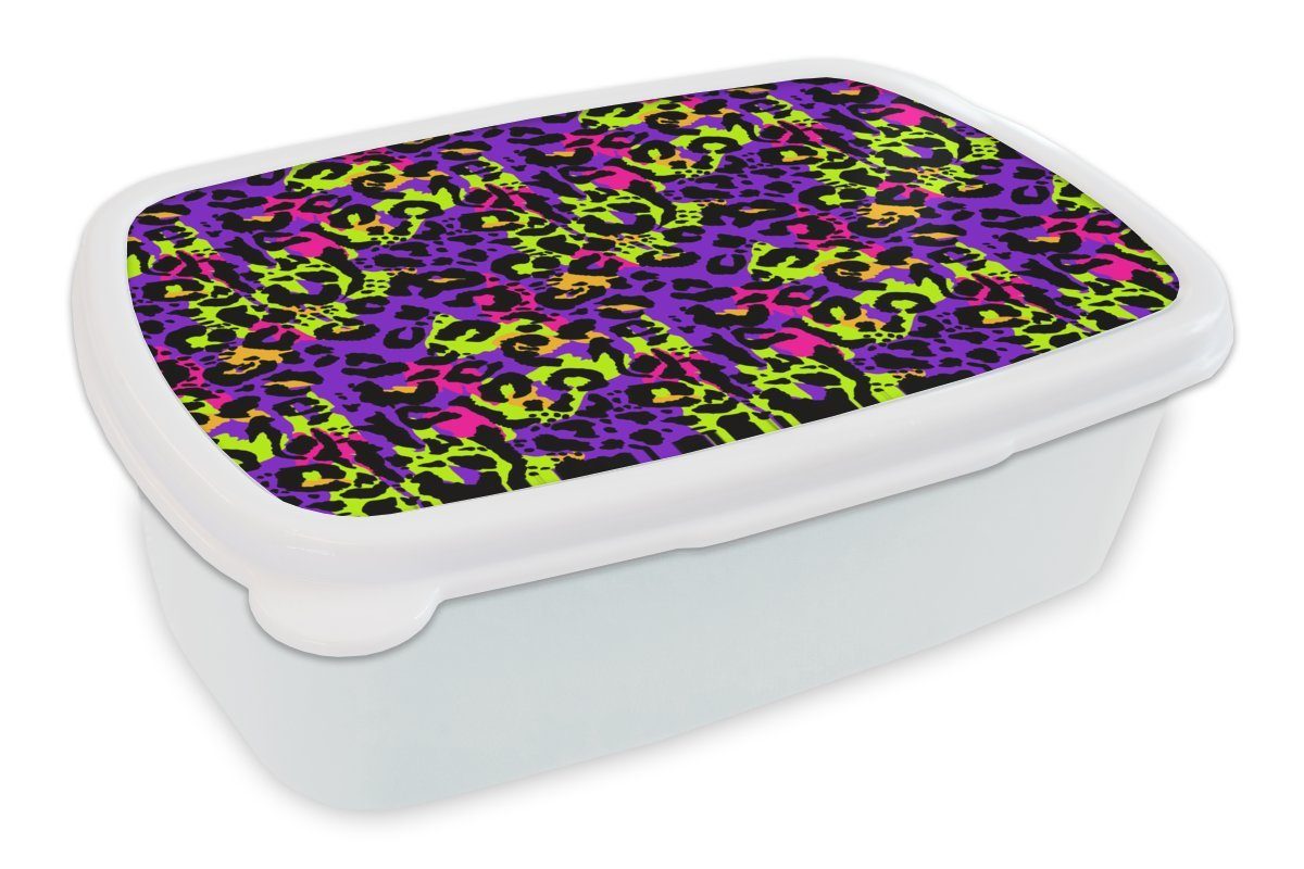MuchoWow Lunchbox Pantherdruck - Neon - Lila - Gelb, Kunststoff, (2-tlg), Brotbox für Kinder und Erwachsene, Brotdose, für Jungs und Mädchen weiß