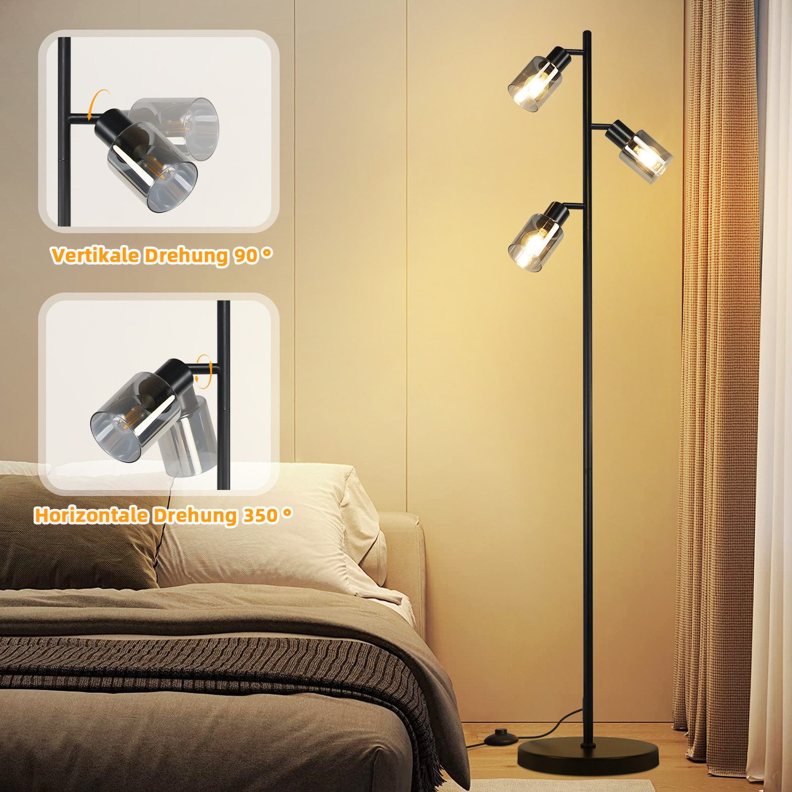 Nettlife Stehlampe Stehleuchte Vintage Wohnzimmer Glas E14 3 flammig Schwar günstig online kaufen