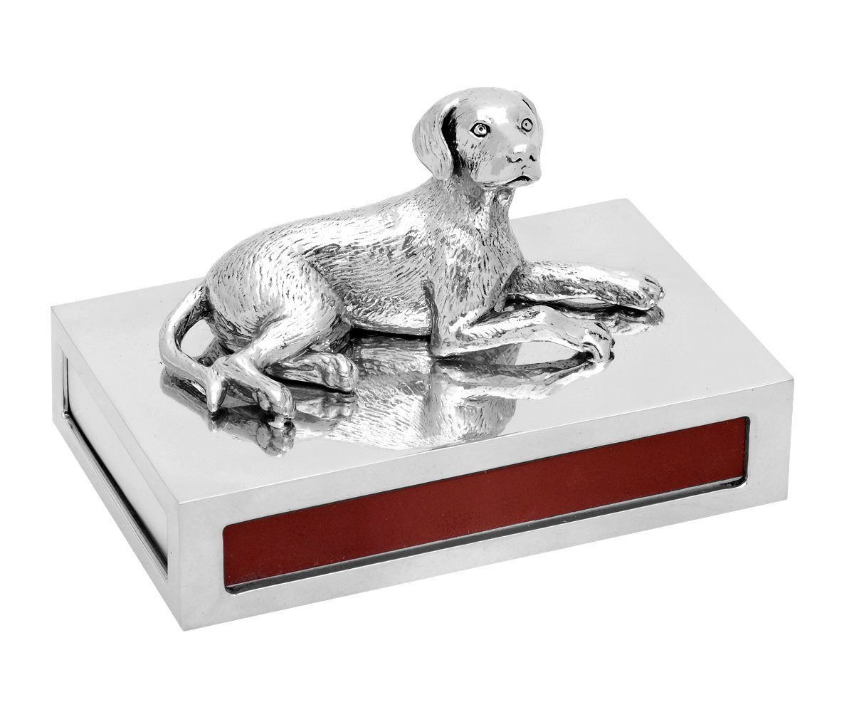 Brillibrum Etui Edle Zinn Streichholz-Box mit dekorativer Figur Jagdhund Streichholzschachtel aus Metall mit Zündhölzer