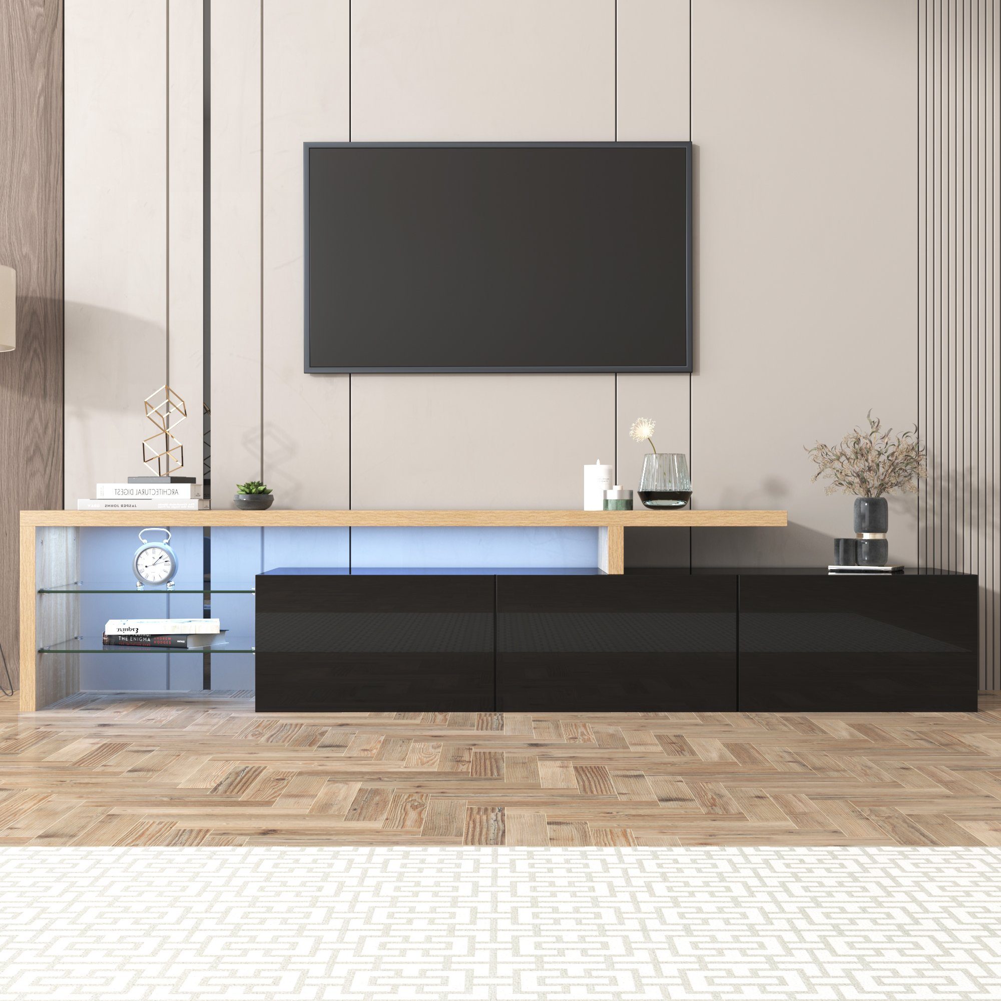 REDOM Lowboard (mit Modernes LED-Beleuchtung), 197.50 Breite Schwraz TV-Schrank-Design cm