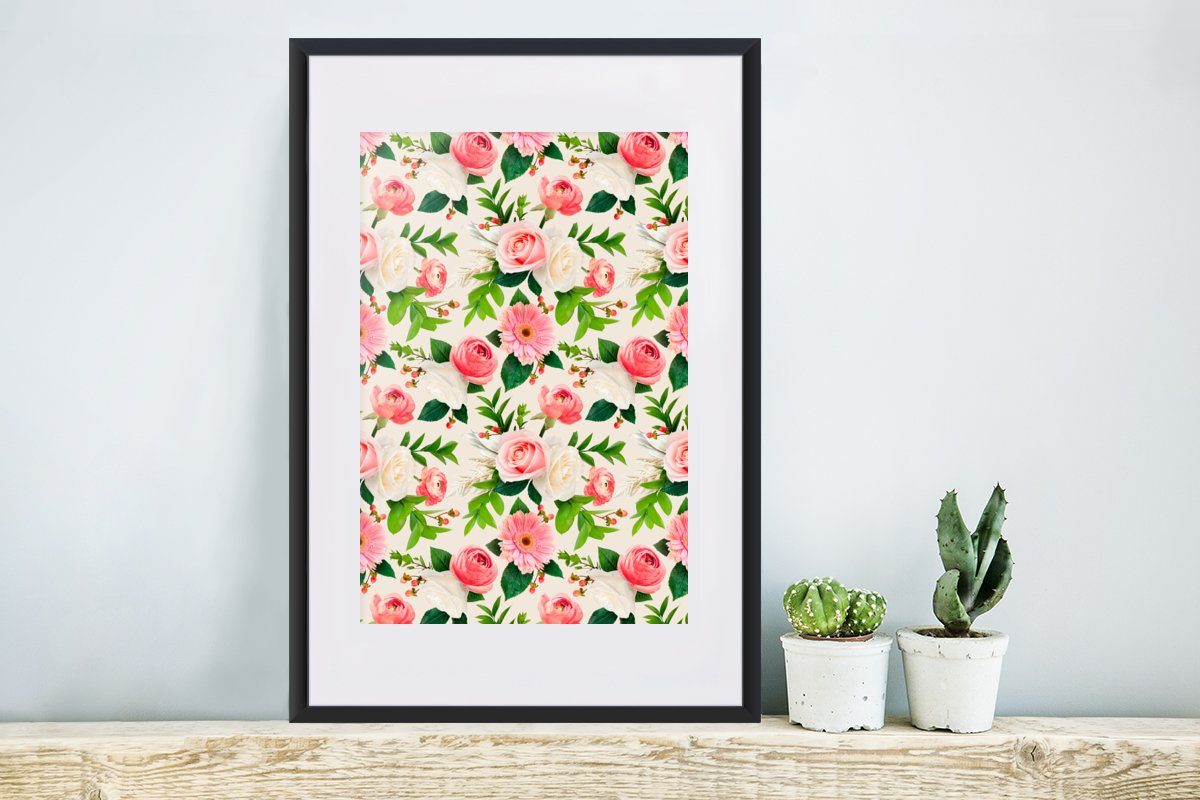 St), Gerahmtes Kunstdruck, - mit Poster MuchoWow Blumen - Rosa, Rosen Rahmen, Poster, Bilderrahmen (1 Schwarzem