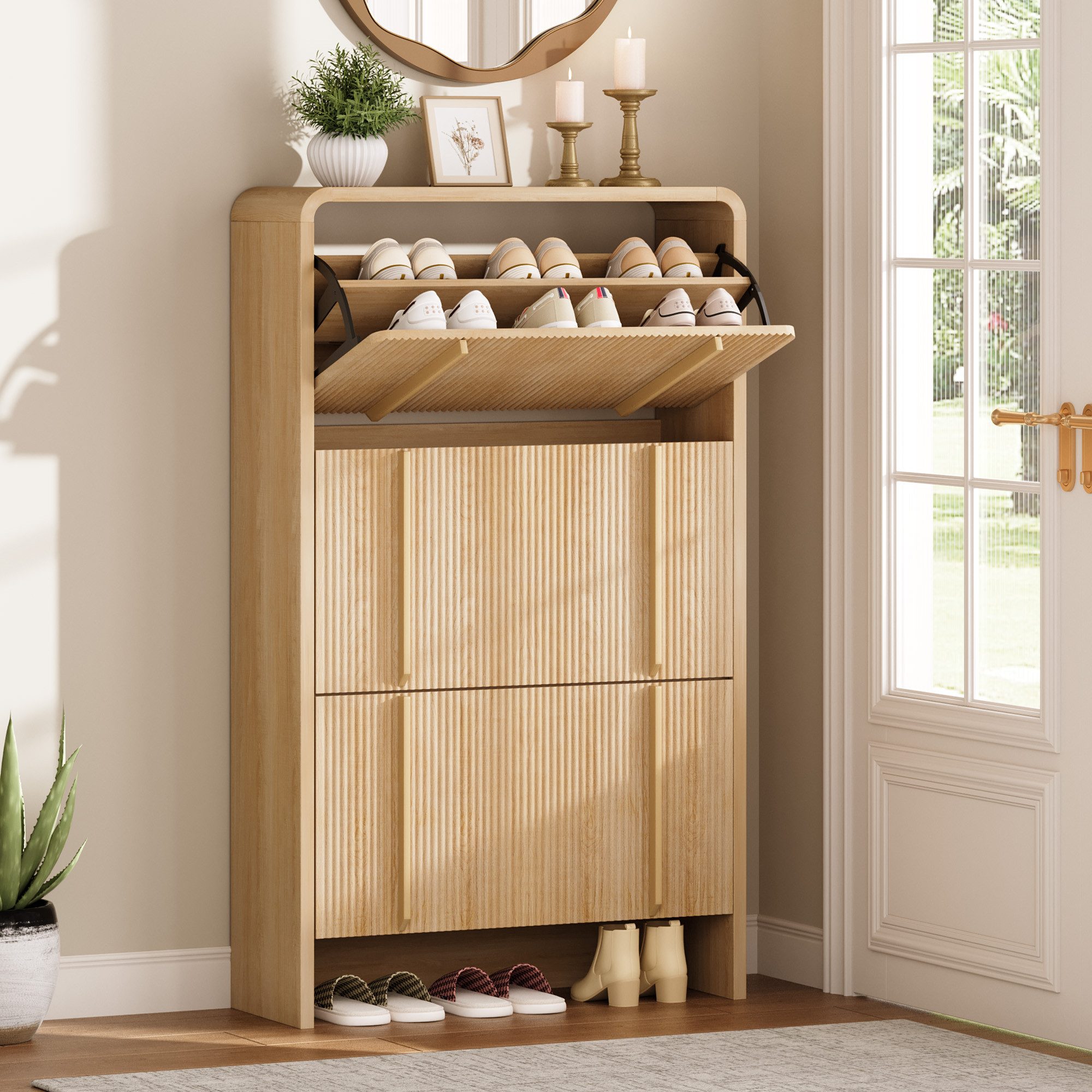 AMERLIFE Schuhschrank mit 3 Klappenfächern, Rillenfront in Naturholzoptik (1-St) höhenverstellbar
