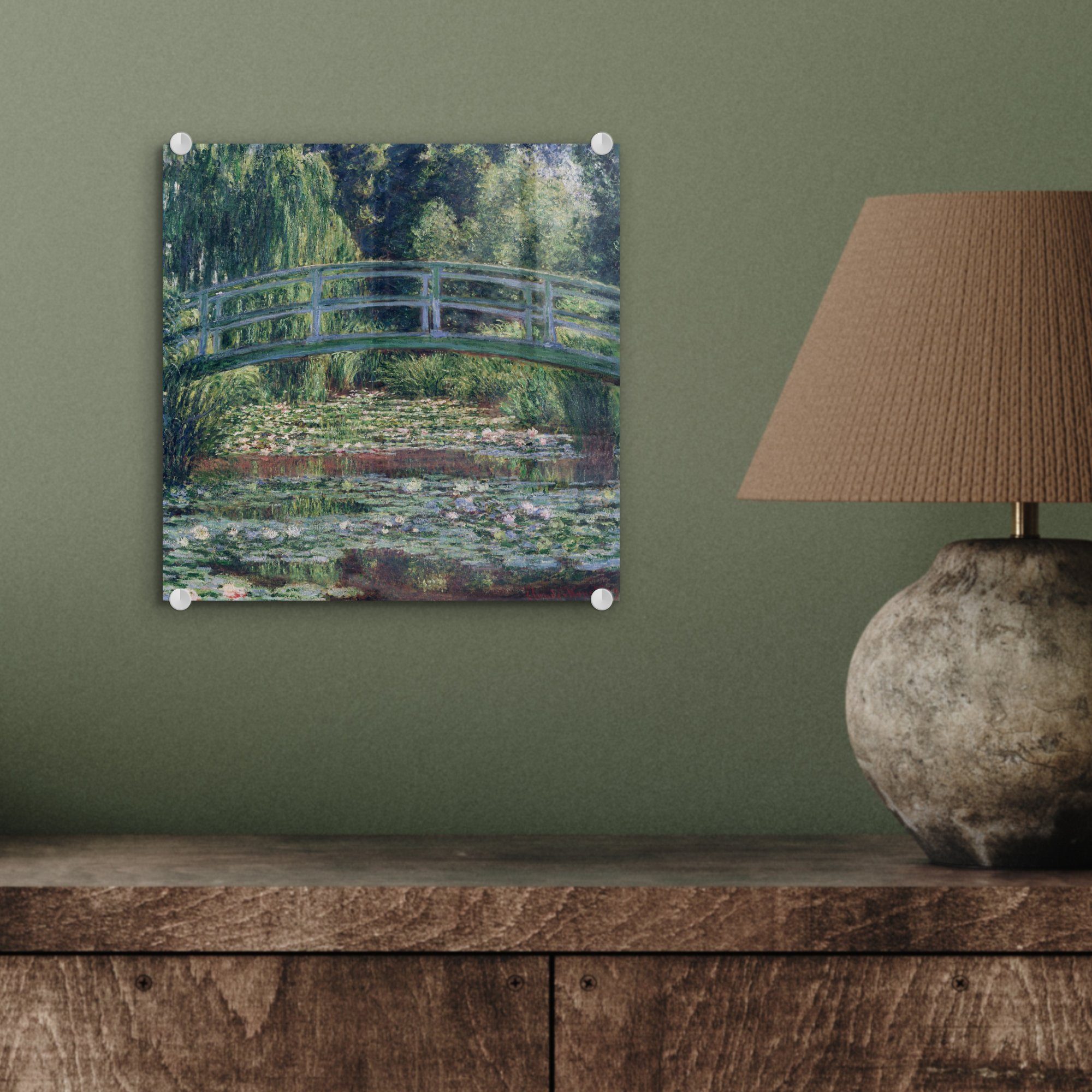 MuchoWow Die - Bilder Acrylglasbild - Wandbild - Foto Wanddekoration Monet, Claude St), Glas und (1 auf - auf Brücke Glas die japanische Glasbilder Seerosen