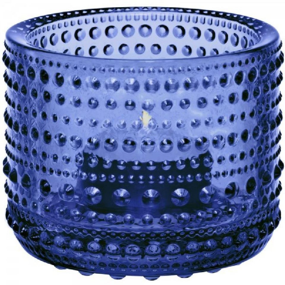 IITTALA Kerzenhalter Teelichthalter Kastehelmi Glas Ultramarinblau  (7,6x6,4cm), Teelichthalter aus Glas mit Tauperlenmuster