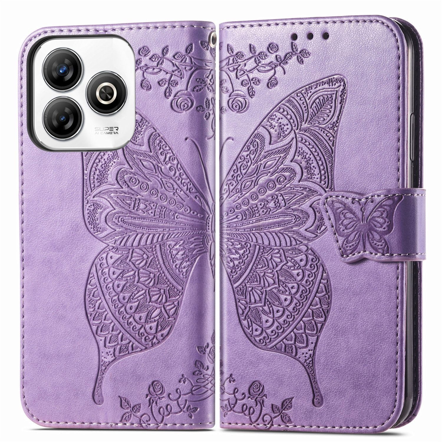 Wigento Smartphone-Hülle Für ZTE Blade A75 4G Kunstleder Schmetterling Hülle Tasche Hell-Lila, Kunst-Leder Schutzhülle Smart Case Cover magnetischer Verschluss
