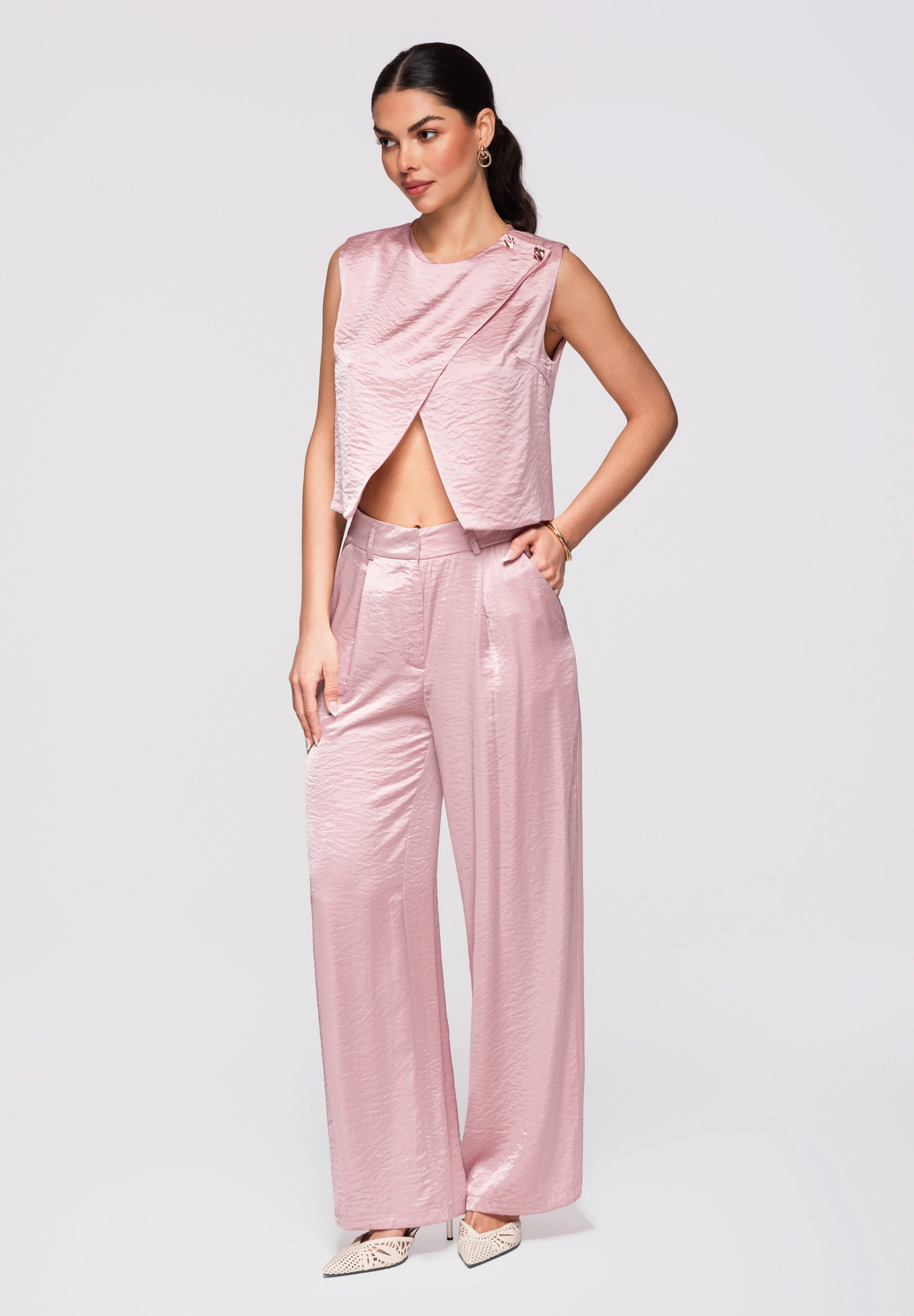 OMBRE Kurzarmbluse Damen Top Kurz Asymmetrisch Elegant Pink S (kein Set, 1-tlg) Asymmetrisches Design, dekoratives Schlitzdetail