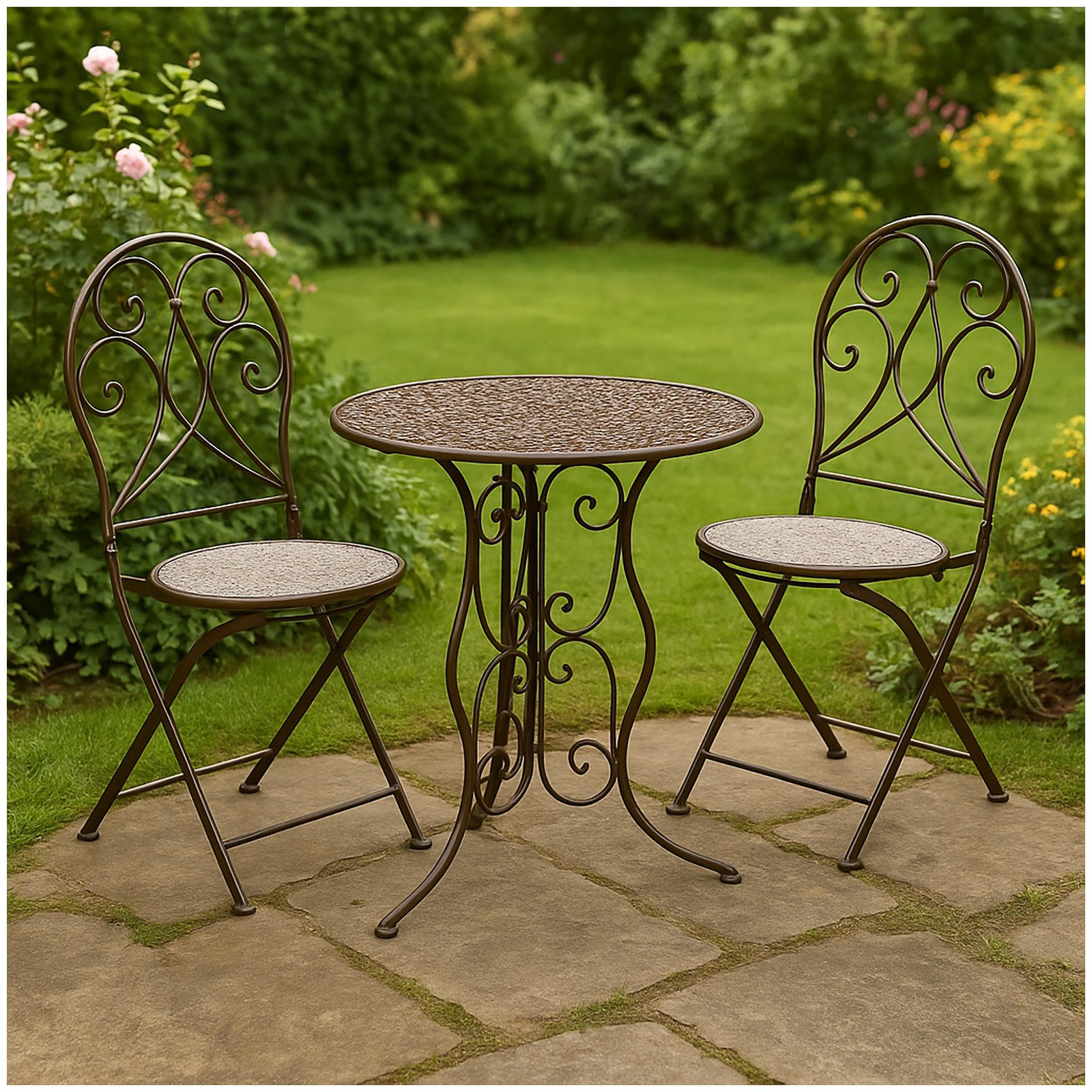 HTI-Living Balkonset Tischgruppe Lani Antik, (Set, 3-tlg., 1x Tisch, 2x Stühle), Sitzgruppe Metall Garten nostalgisch