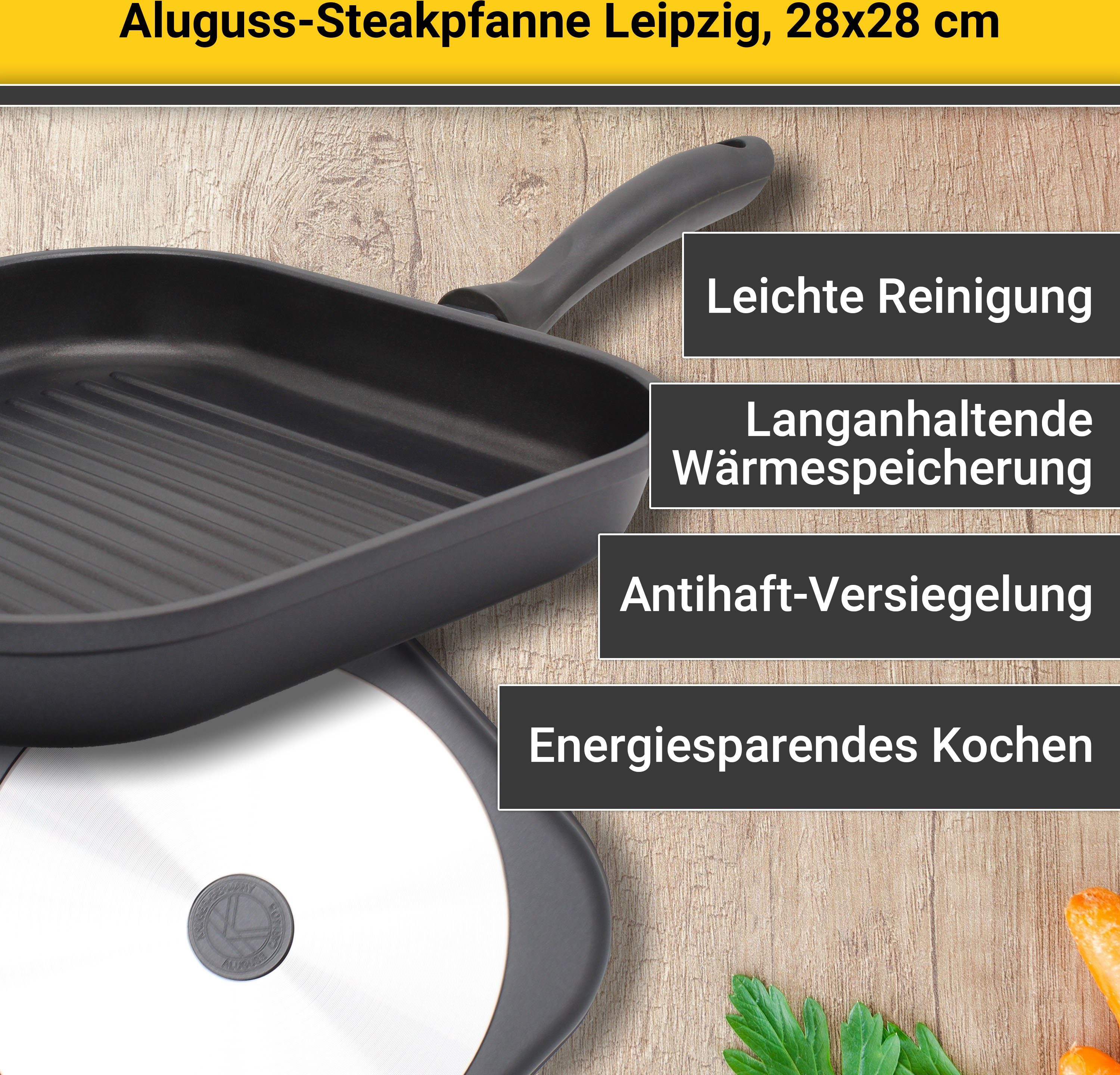 Krüger Steakpfanne Aluguss Grill-/ Steakpfanne LEIPZIG, 28 x 28 cm, Aluminiumguss (1-tlg), hochwertige Antihaft-Versiegelung