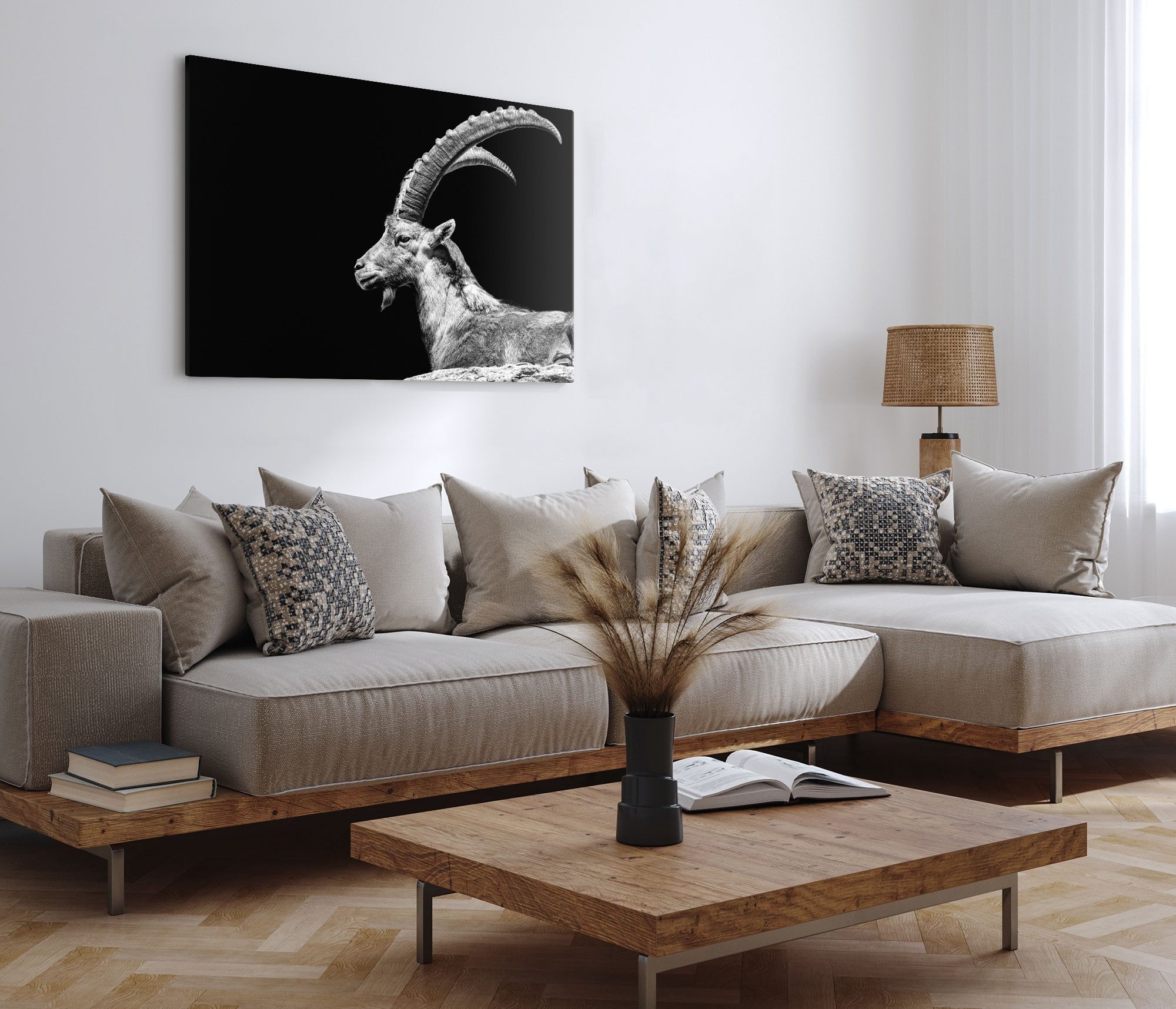 Sinus Art Leinwandbild 120x80cm Wandbild auf Leinwand Steinbock Tierfotografie schwarzer Hint, (1 St) – Bild 4 von 5