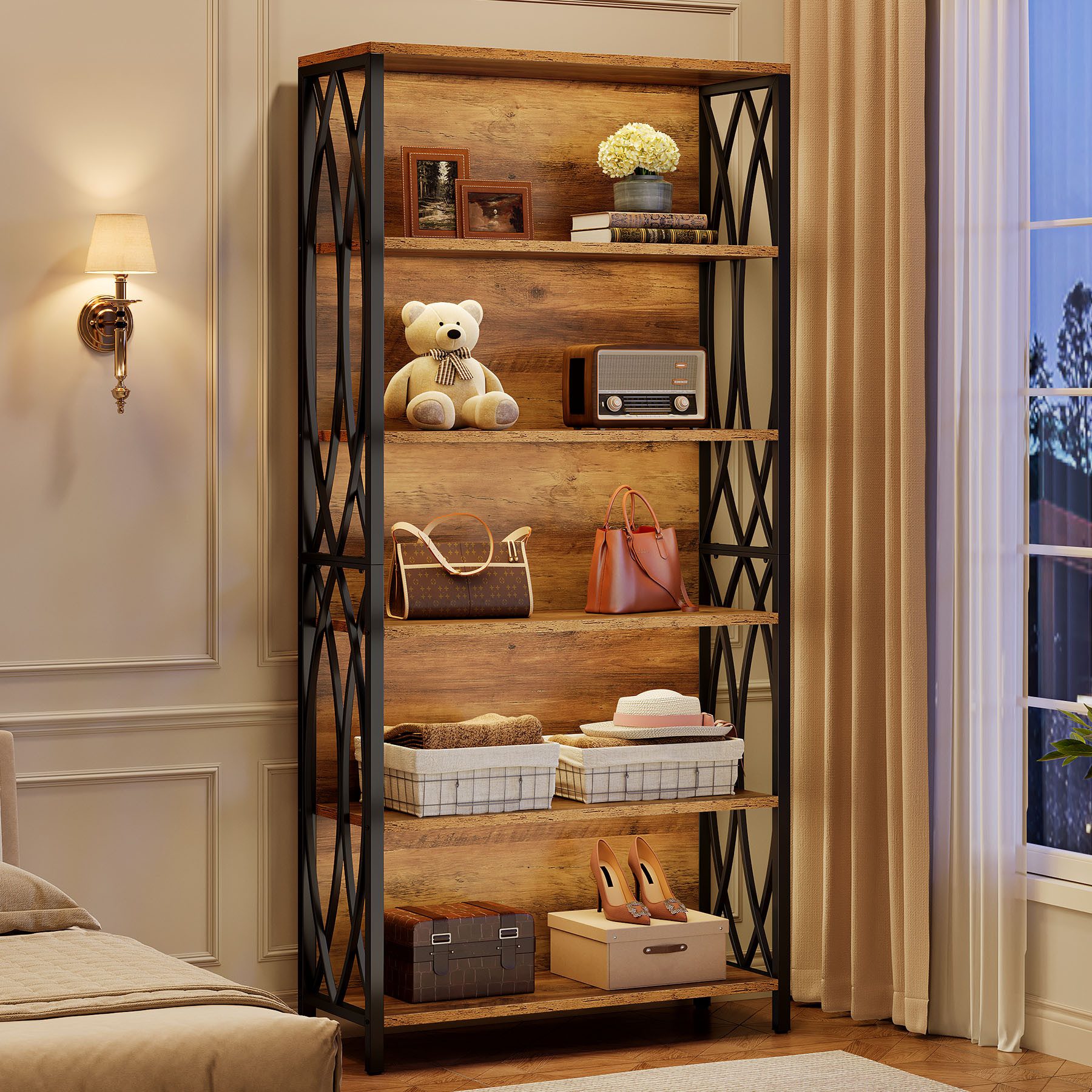 Tribesigns Bücherregal 180 cm, 6 Ebenen Standregal Industrial Design, für Büro, Wohnzimmer, Arbeitszimmer, vintagebraun-tintenschwarz