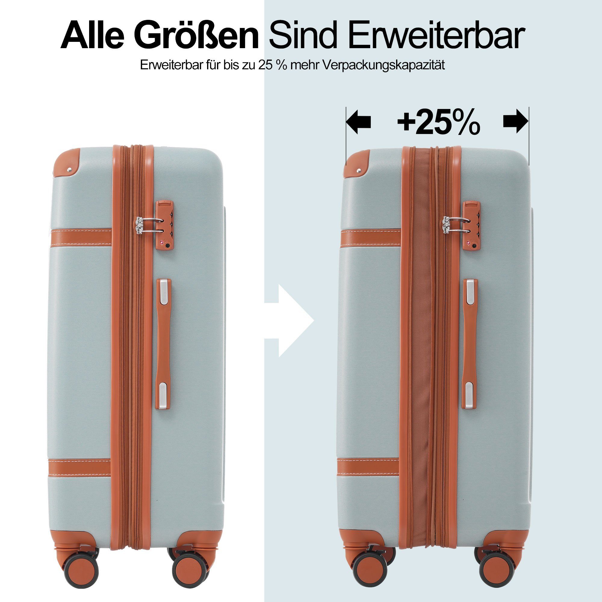 Reisekoffer Ulife Rollen Handgepäck Hellgrün Modern 4 TSA Hartschalen-Trolley ABS-Material, Zollschloss,