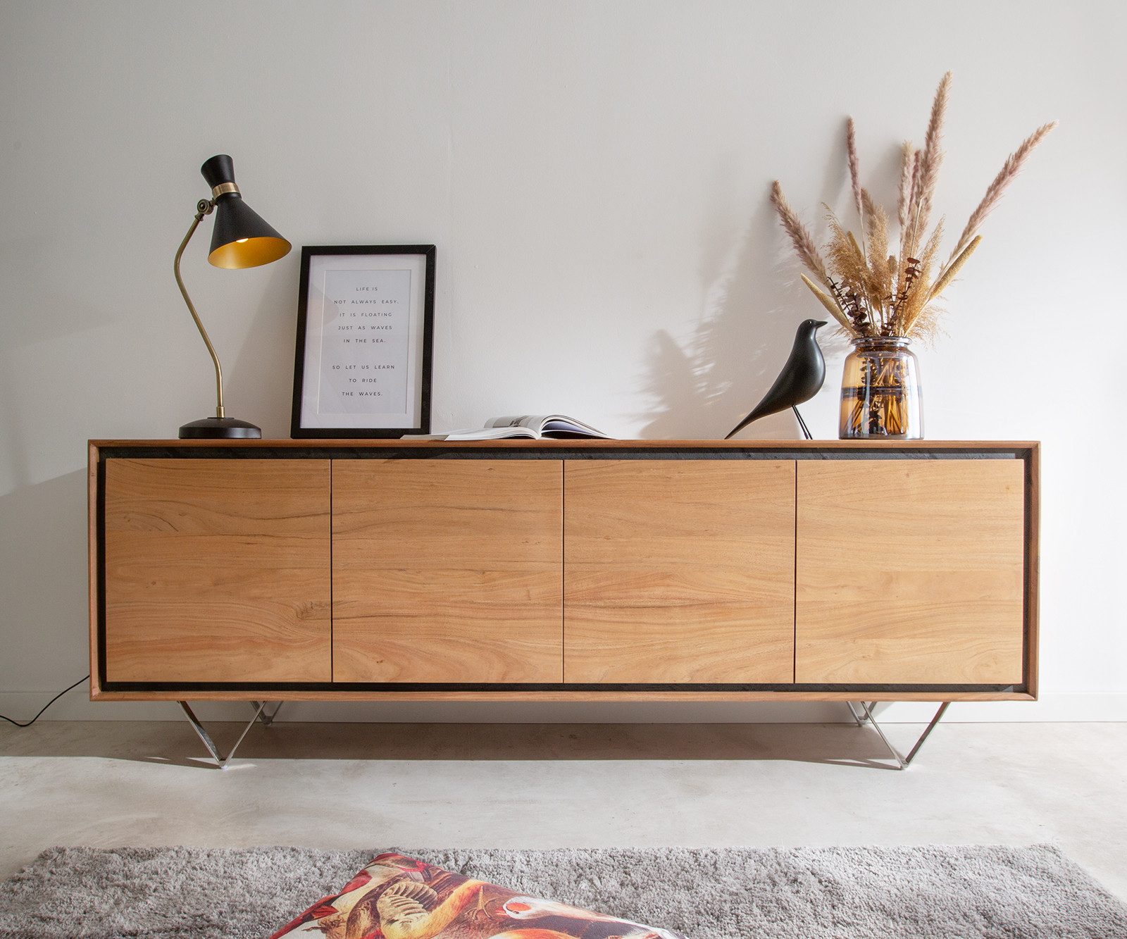 DELIFE Sideboard Stonegrace, Akazie Natur 200 cm 4 Türen Steinfurnier Sideboard