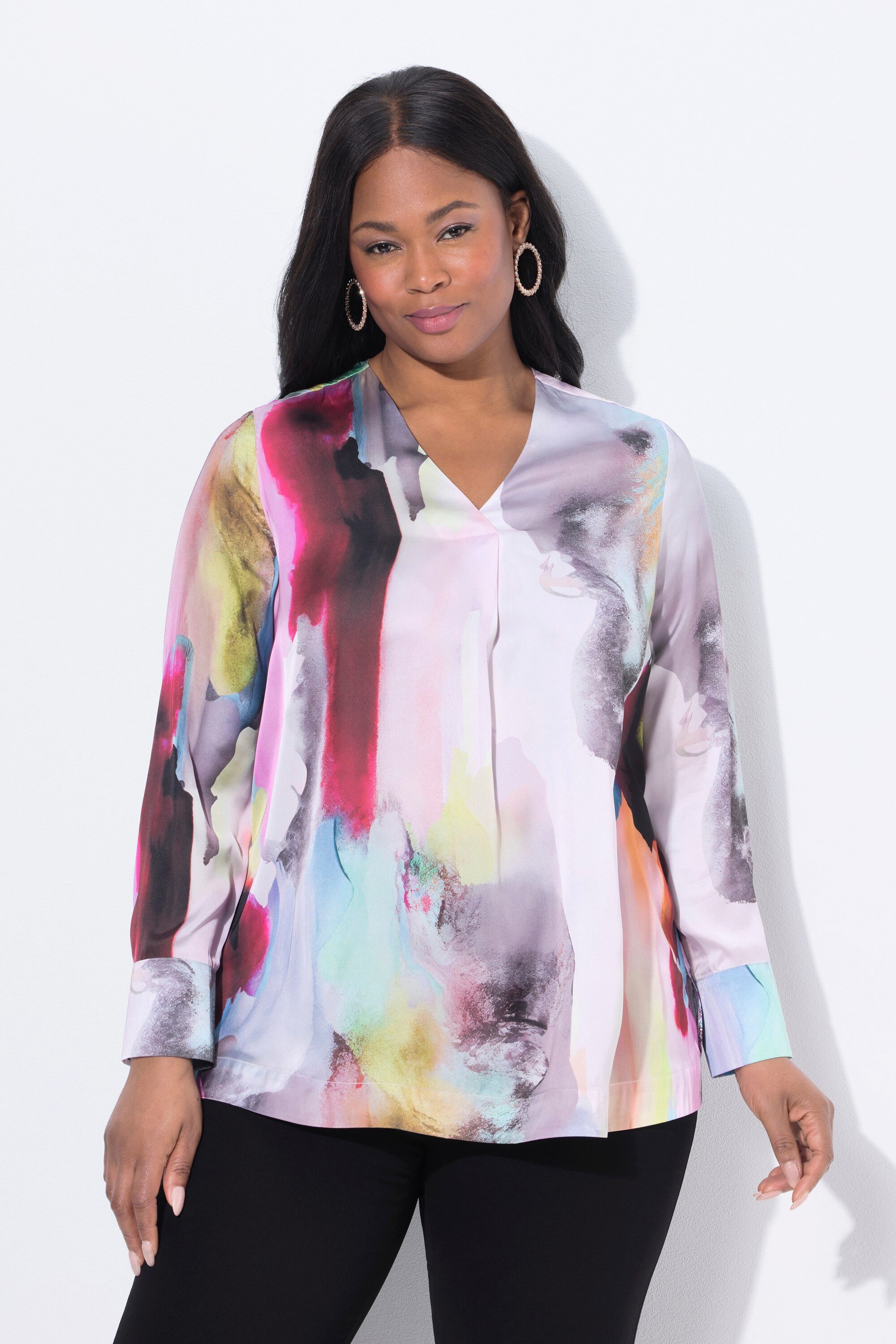 Ulla Popken Satinbluse Seiden-Tunika Aquarell-Design V-Ausschnitt günstig online kaufen