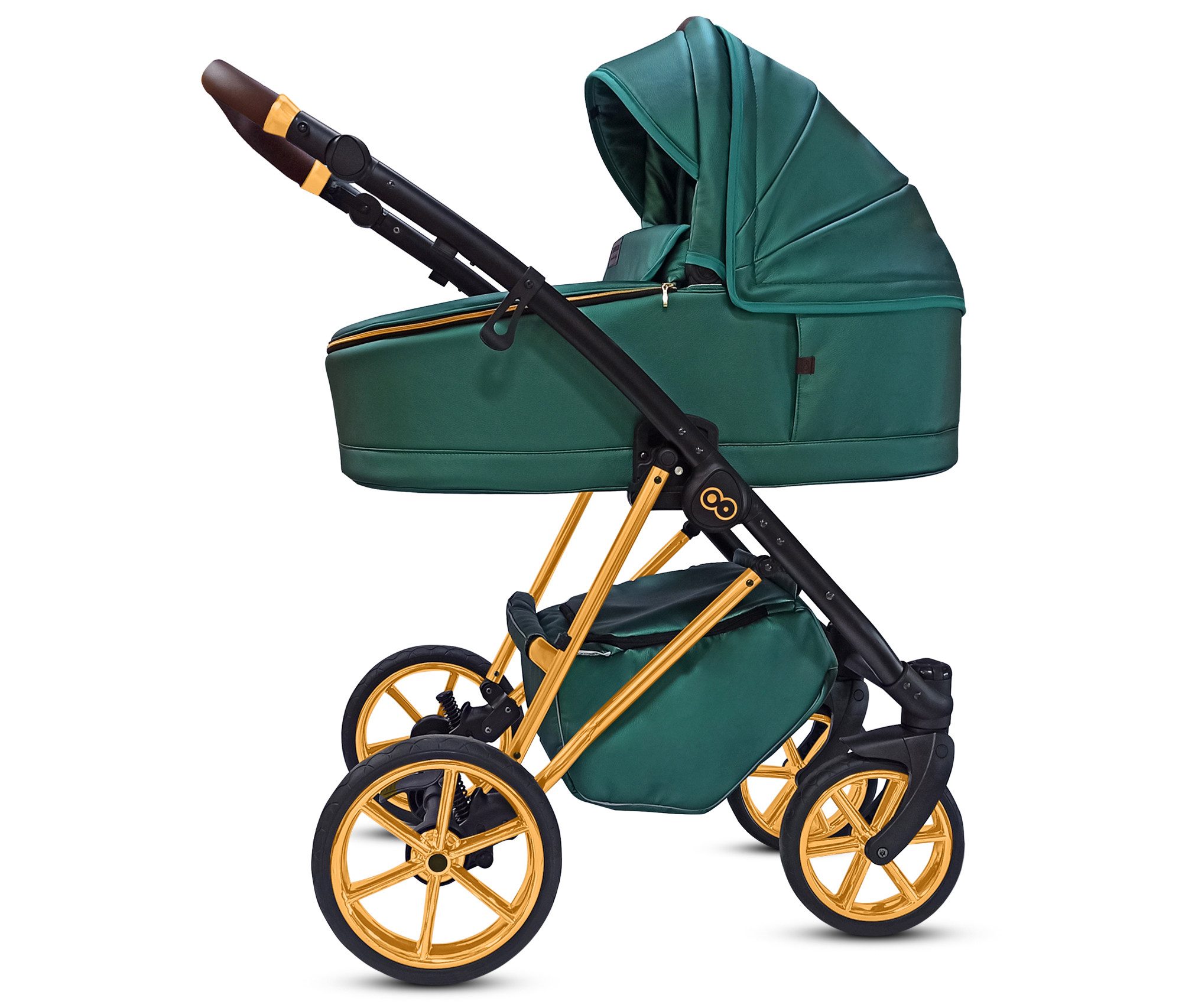 TPFFamily Kombi-Kinderwagen 4 in 1 Musse Royal, Baby Buggy Babywanne Autositz Isofix Basis, Zubehör-Set Kinderwagen 4 in 1 Kunstleder Grün, Gestell Gold