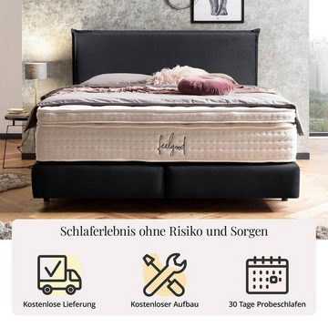 BettCo Boxspringbett London (140 x 200 cm, in Schwarz Samt), Zeitloses-Design mit Biese + optionaler Topper, Schwebeoptik