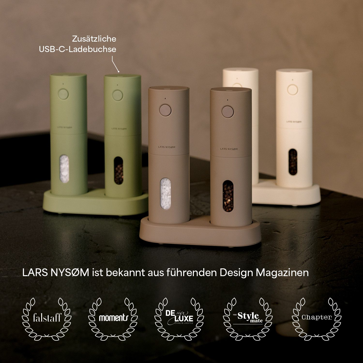 LARS NYSØM Gewürzmühle Spænding praktische Einhandbedienung per Drucktaste, (2 Stück), elektrische Salz- & Pfeffermühle mit eingebautem LED-Licht – Bild 5 von 5