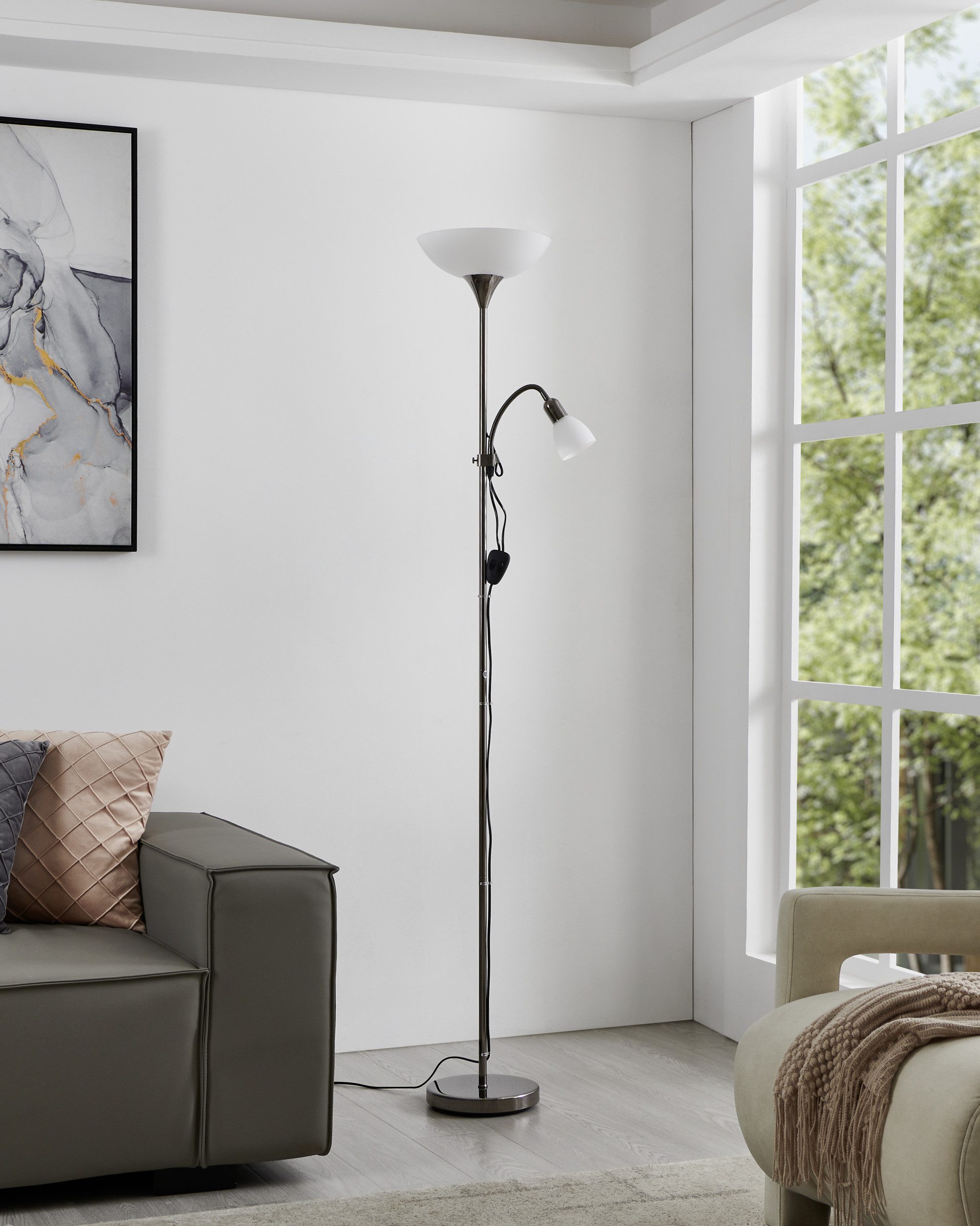 EGLO Stehlampe UP 2 Stehlampe - Stahl - E27;E14 - 1X60W;1X18W - IP20, Ein-/Ausschalter, Lesearm, ohne Leuchtmittel, Standleuchte, Leselampe, Wohzimmer, Schlafzimmer, H176,5 x Ø27,5 cm