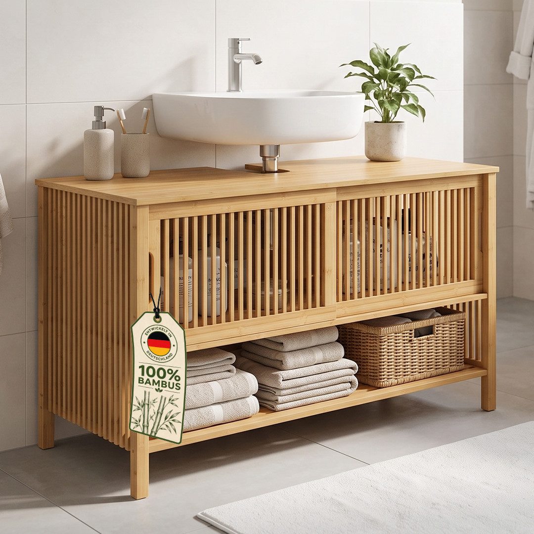 Bellamio Waschbeckenunterschrank Sava, Badunterschrank mit 2 Fächern & 2 Türen, Waschtischunterschrank (natur) aus Bambus, 100 x 45 x 60 cm