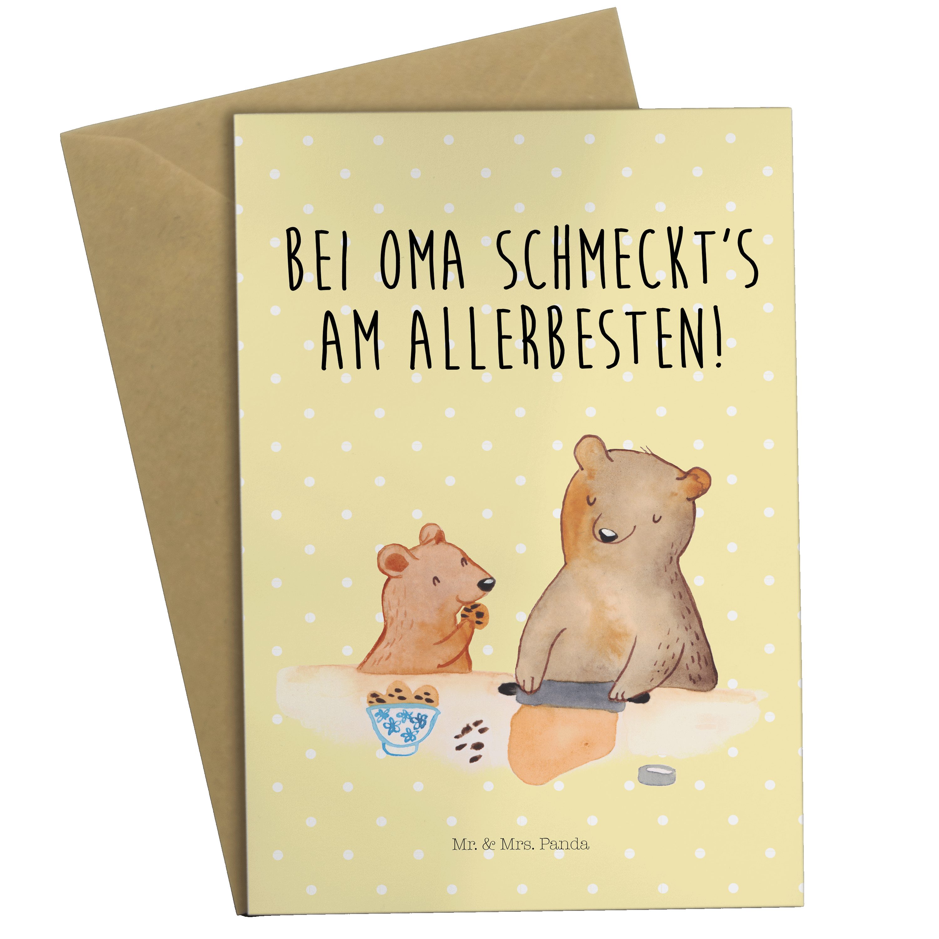 Mr. & Mrs. Panda Grußkarte Oma Bär backen - Gelb Pastell - Geschenk, Muttertag, Enkelkind, Liebl