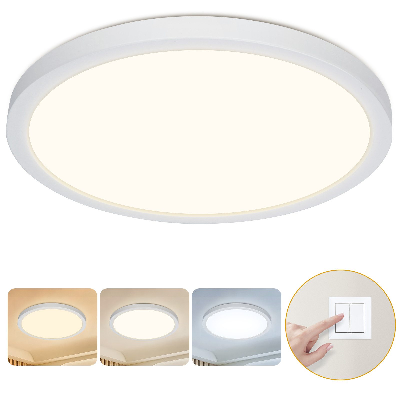 Great Jacob Deckenleuchte LED Deckenleuchte Ultraflach Dimmbar- 24W 3300 LM Ø 28,9 cm, LED wechselbar, 3 Farbtemperaturen (3000K/4000K/6500K), flaches Runddesign für Wohnzimmer, Schlafzimmer, Küche & Flur