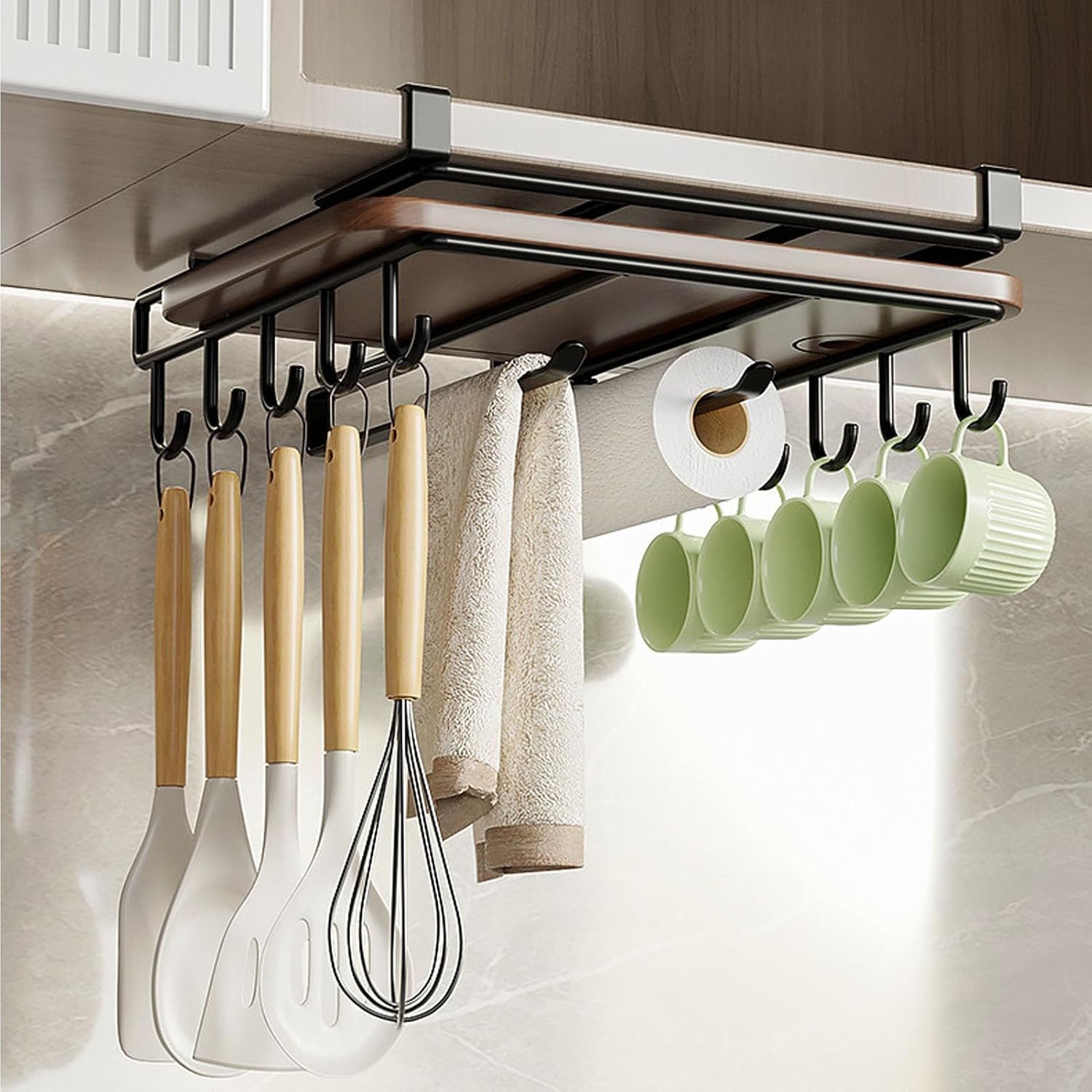Athlix Küchenorganizer-Set Unterbau-Küchenorganizer Hängeregal für Handtücher Besteck Regal, (Haken für Handtücher, Schneidebretter & Topfdeckel), Einhängesystem unter dem Schrank, Doppel-Etage
