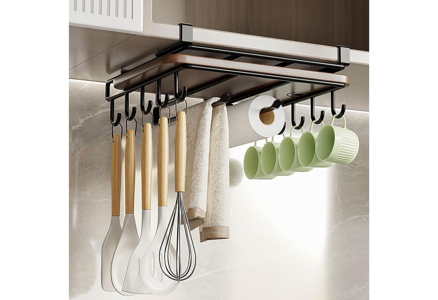 Athlix Küchenorganizer-Set Unterbau-Küchenorganizer Hängeregal für Handtücher Besteck Regal, (Haken für Handtücher, Schneidebretter & Topfdeckel), Einhängesystem unter dem Schrank, Doppel-Etage