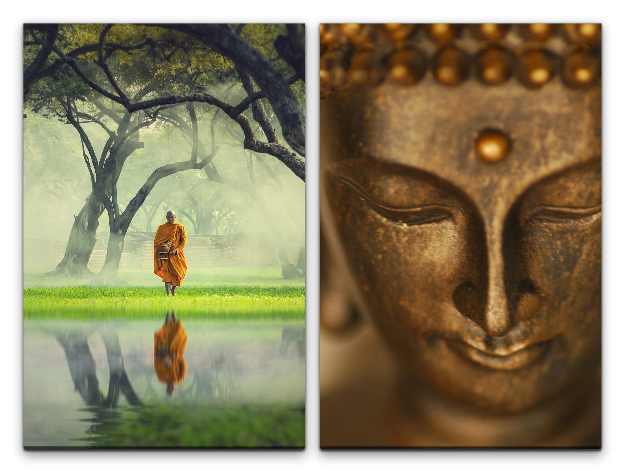 Sinus Art Leinwandbild 2 Bilder je 60x90cm Buddha Buddhakopf Mönch  Meditation Achtsamkeit Stille Harmonie