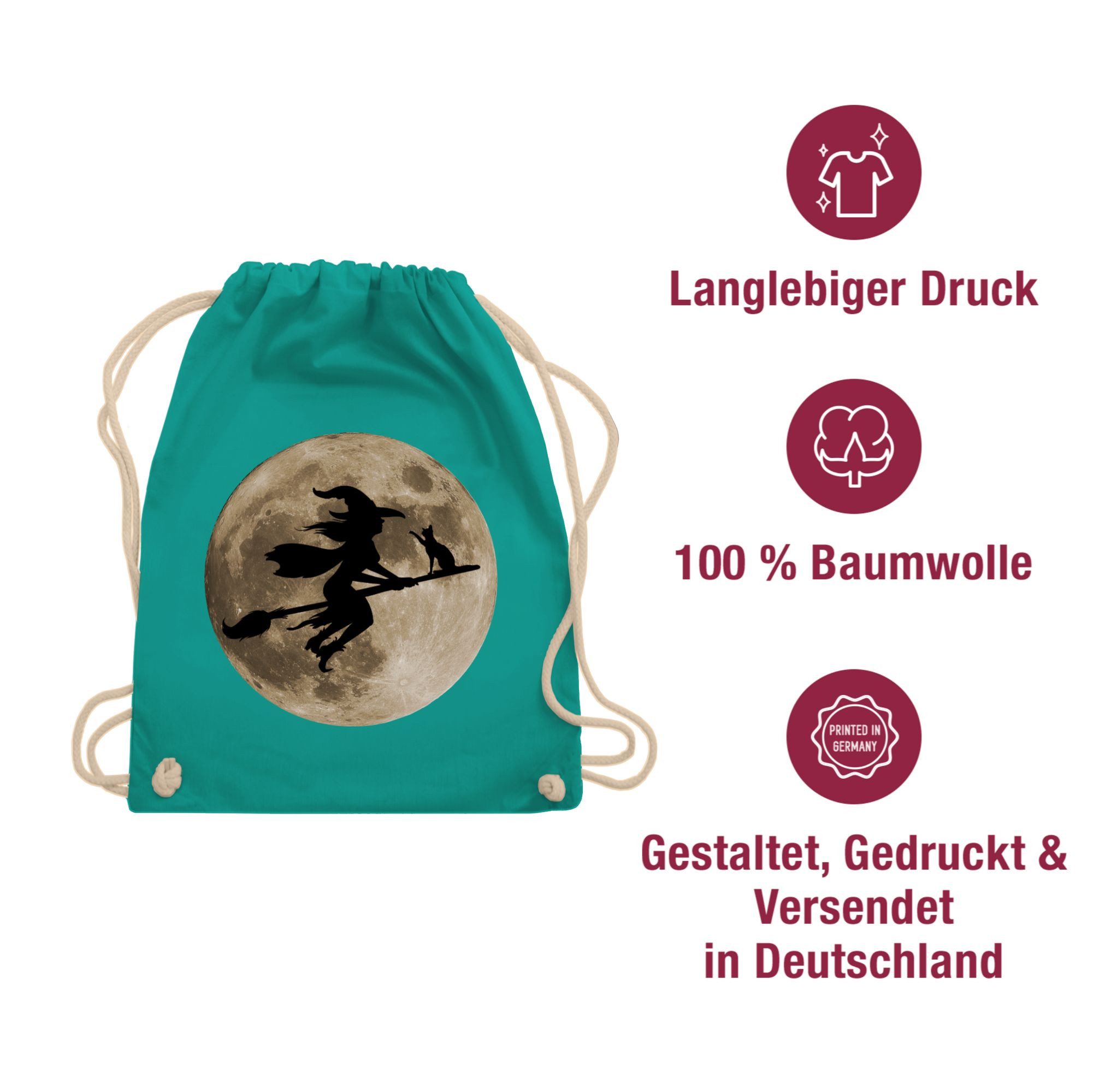 Shirtracer Turnbeutel Hexe Halloween Hexen auf Besen Vollmond Katze Witch Mond, Halloween Beutel