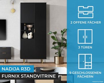 Furnix Standvitrine Nadija R3D Regalschrank mit 3 Türen und Metallfüßen Farbauswahl Lamellenoptik, made in Europe