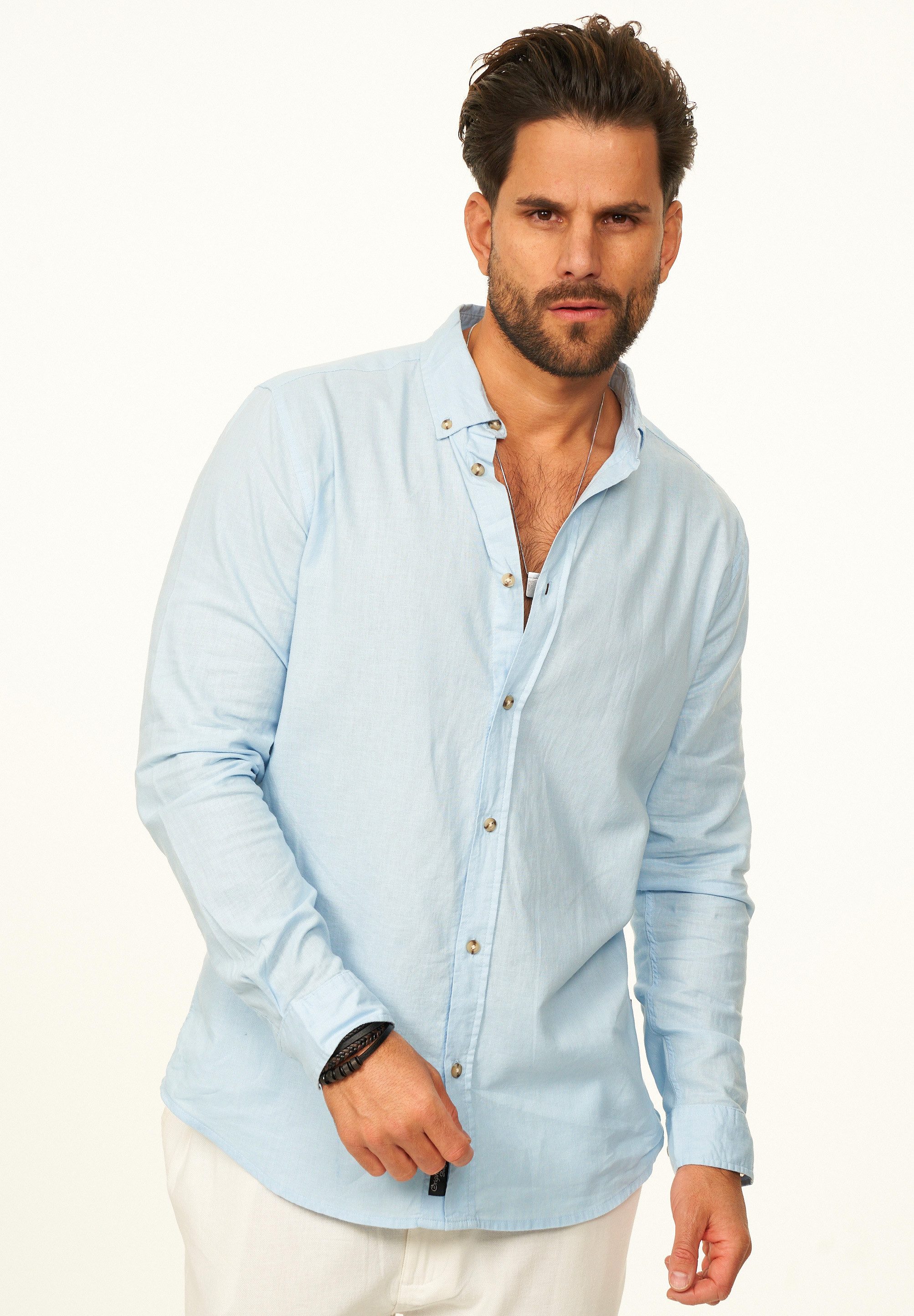 behype Langarmhemd aus Leinen im Regular-Fit Sommerhemd Herren Leinenhemd Freizeithemd mit Button-Down-Kragen