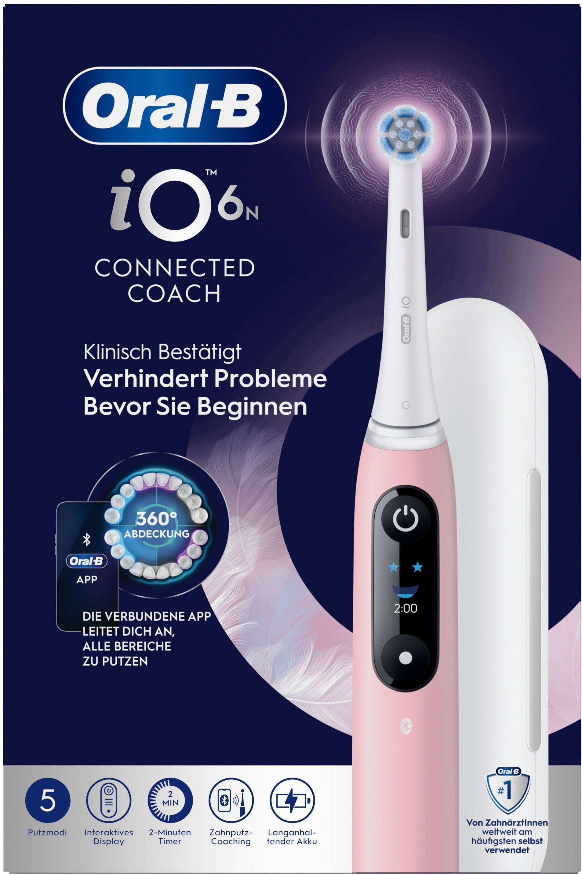 Oral-B Elektrische Zahnbürste iO Series 6 N, Aufsteckbürsten: 2 St., Magnet-Technologie, Display & Reiseetui
