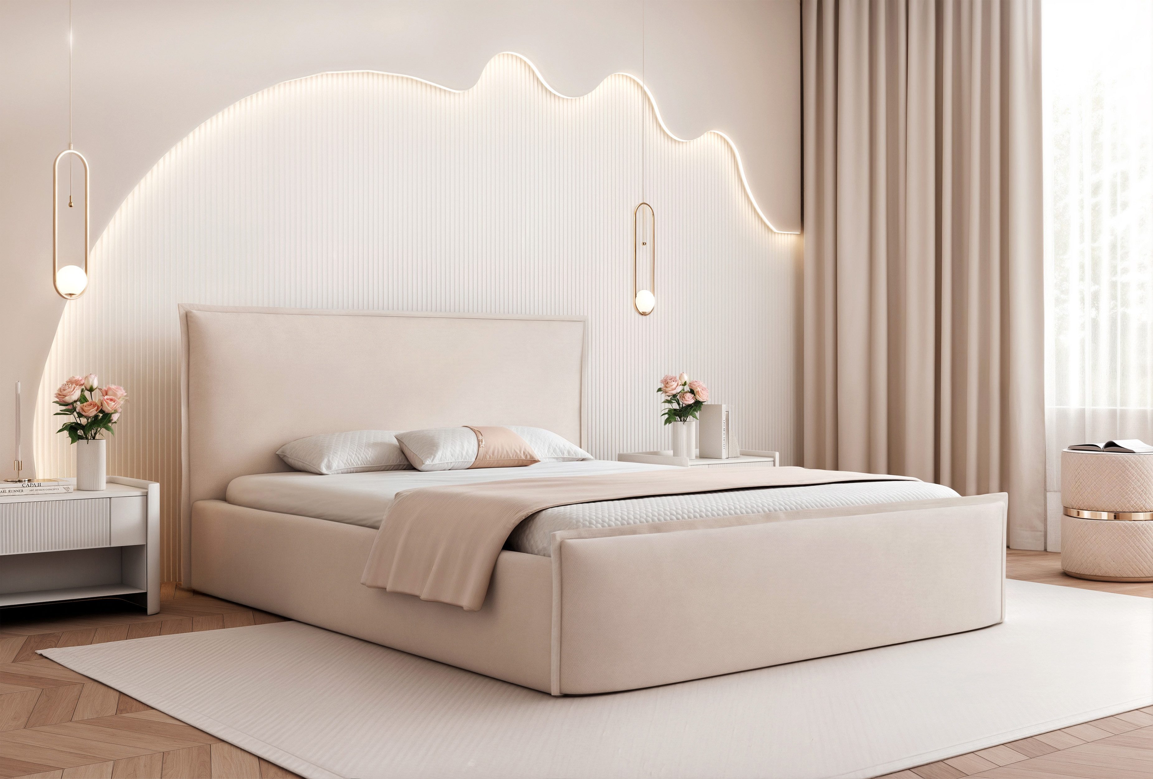 Goldstoff Polsterbett Bettgestell "SERENO" mit großem Stauraum & modernem eleganten Design (120–200x200 cm, Kopfteilhöhe 70/110 cm, Seitenhöhe: 30 cm), Bettgestell mit integriertem Stauraum & hochwertiger Verarbeitung